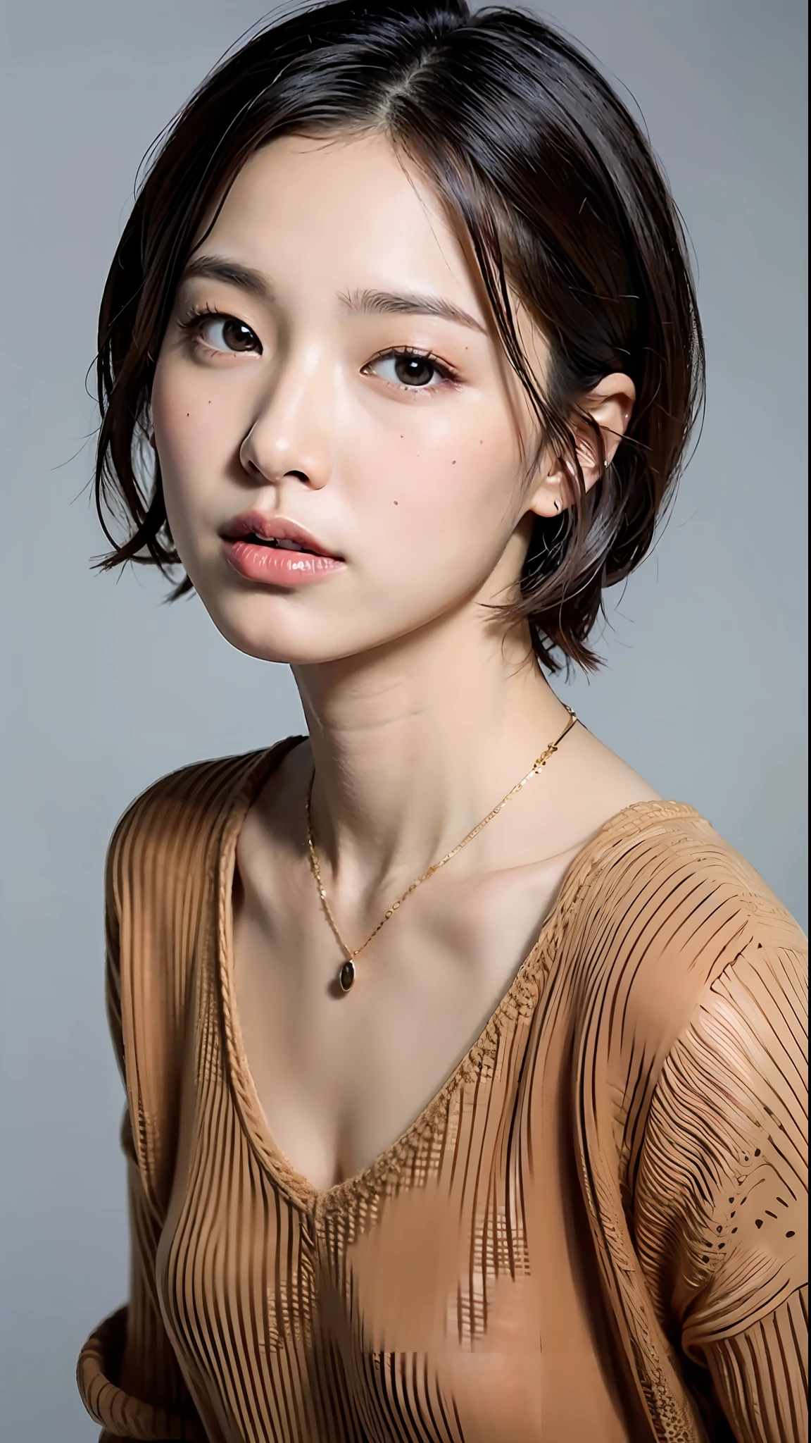 (Best Quality, 8k, 32k, Masterpiece, UHD: 1.2), Cute Japan Woman Pictures, Very Short Bob Hair, Face Focus, (oversized_sweater,:1.1) Necklace, Simple Background, Watch Viewer, Leaning Forward, Full Body
