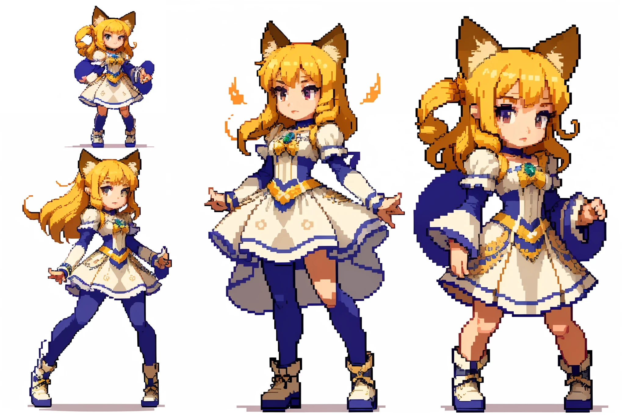 (masterpiece, highest quality, highest quality), pixels, pixel art, anime of women walking in various poses, full body shot turn, full body profile pose in white dress, character turn, character model seat turn, dynamic pose perspective, animation character design, walking cycle, dynamic pose and perspective, Stylized proportions, accurate walking cycle, full body character drawing, multiple poses, dynamic perspective poses, cartoon proportions, animation concept art (masterpiece), white background, magical girl, cat ears, 3.5 heads and bodice