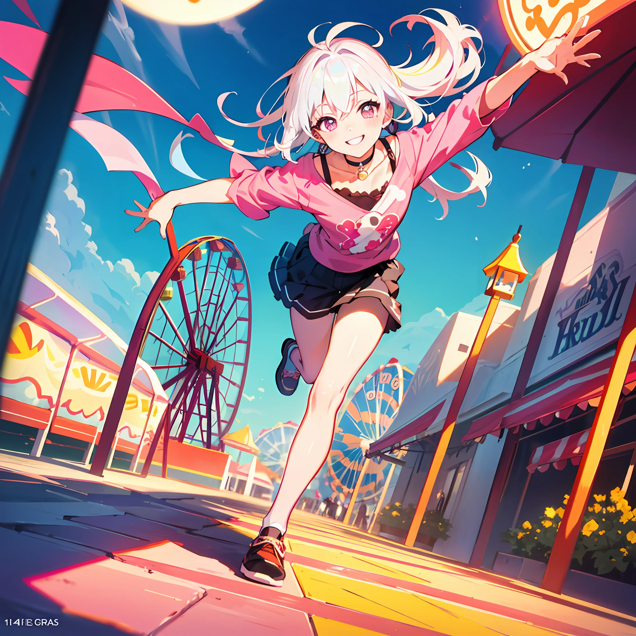 High Resolution: 1.7, Incredibly Ridiculous, Cute: 1, Cute: 1.5, Hires.fix: 1.5, Anime Visuals: 1, Incredibly Fine Illustrations, Crystal Clear White Skin, Asian Girl, Sensual, Full Body, Middle Schooler, (((14 years old)), (Hair Color Pink), Low Angle, Choker, Amusement Park, Casual Cute Clothes, Ferris Wheel Ride, Fun and Smile
