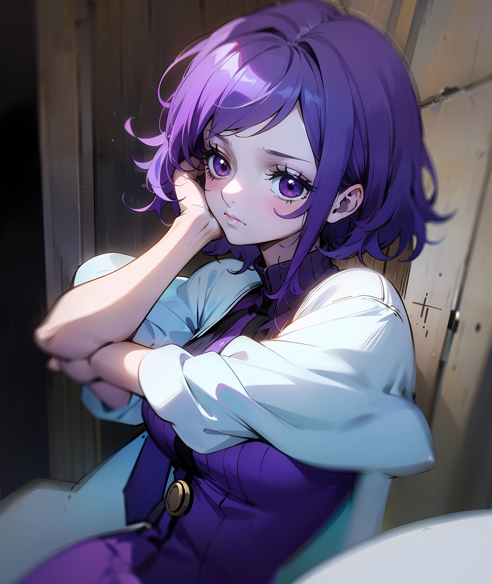 1girl, purple hair, short hair, bangs, eyes covered by hair, tired, sad, depressed, emotionless, cold, purple clothes, castle, pale skin