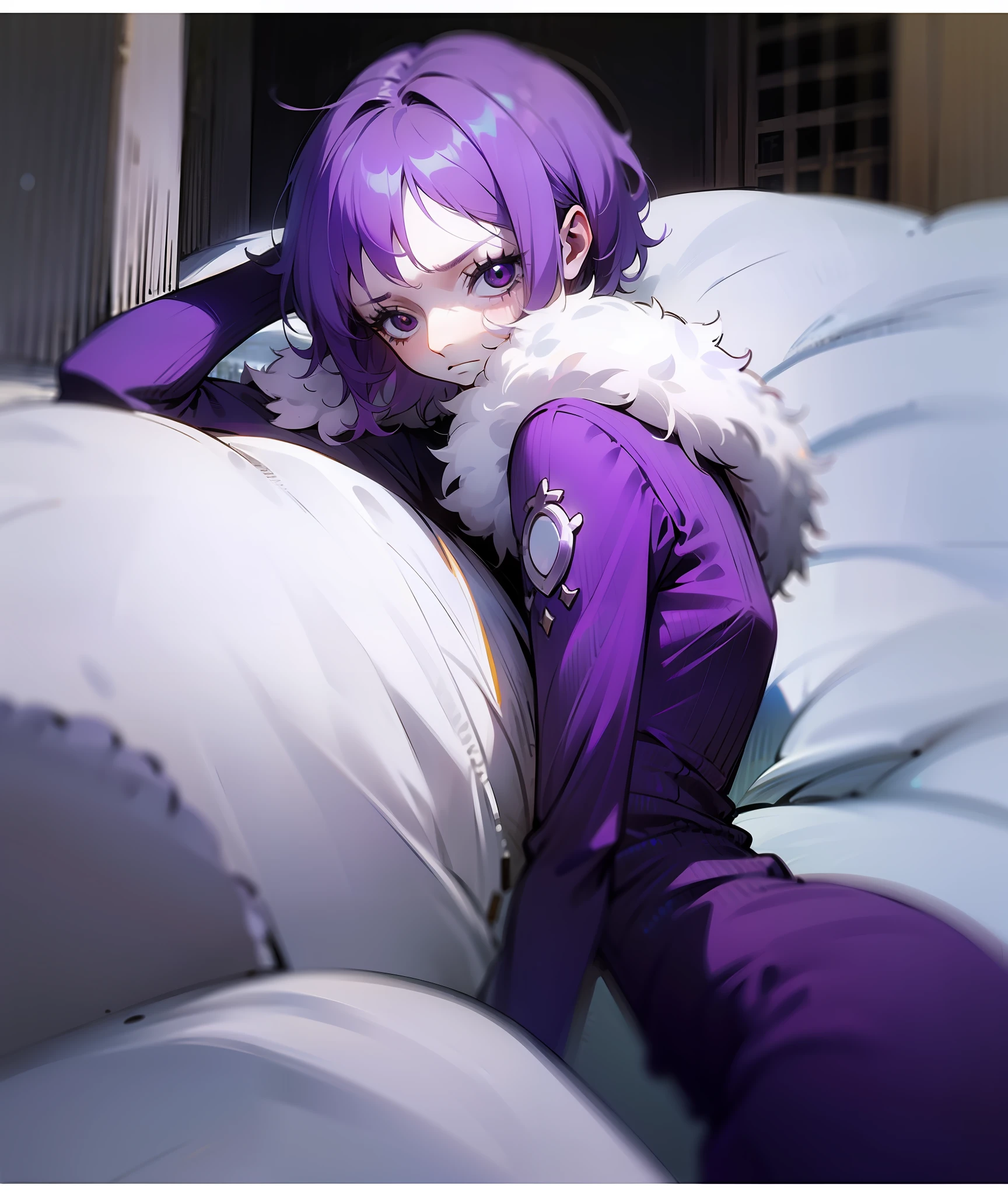 1girl, purple hair, short hair, bangs, eyes covered by hair, tired, sad, depressed, emotionless, cold, purple clothes, castle, pale skin