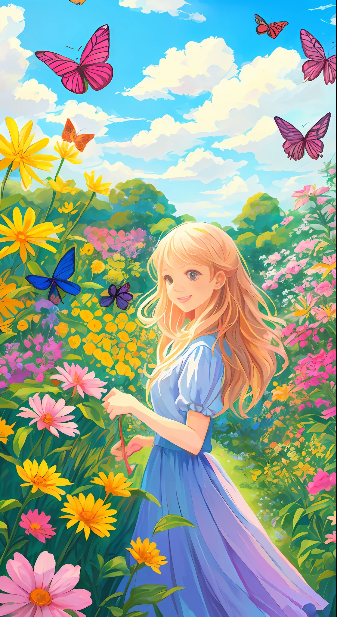 Cybele loved exploring the garden and spending hours watching the colorful butterflies that danced in the air. She was fascinated by the diversity of colors and patterns that adorned the delicate wings of butterflies. Whenever Cybele went to the garden, she felt as if she was entering a dream world. Illustration of "happy" in a flower garden. Blue sky of clouds tending the garden with butterflies. Beautiful illustration, beautiful painting, beautiful UHD 4k art, beautiful art, a beautiful art illustration, guweiz style art, beautiful painting, atey ghailan 8k, artgerm and atey ghailan, (long blonde hair) taking care of butterflies, (butterflies). (best quality, masterpiece), happy, particle, wind, flower, full body, garden background, looking at butterflies. --auto