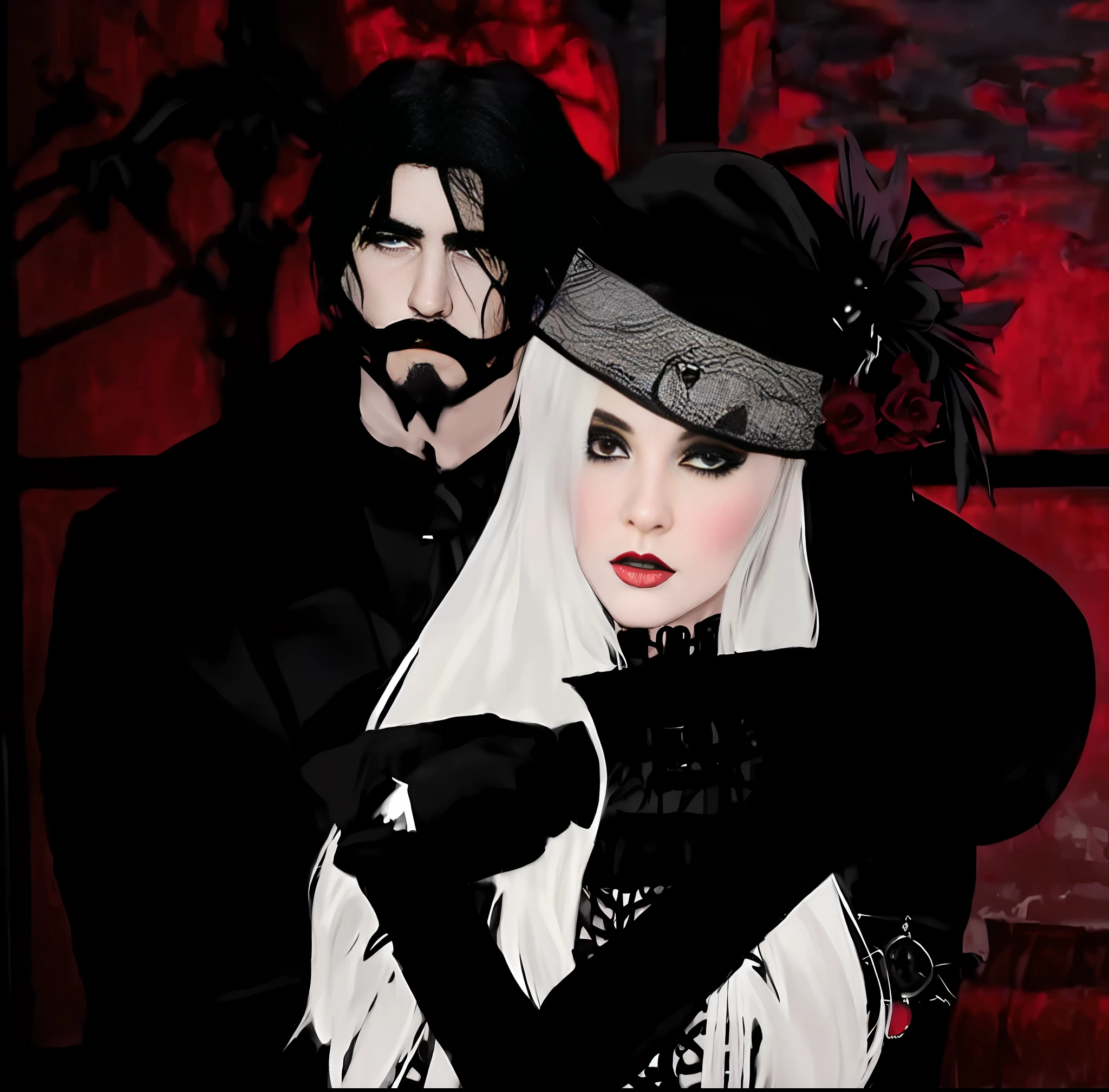 arafed image of a man and woman dressed in black and white, gothic romance, dark and gothic, victorian gothic, goth family, gothic art style, victorian goth, gothic horror vibes, neo gothic, gothic influence, gothic art, gothic, neo goth, gothic regal, vampire fashion, gothic harts, gothic atmosphere, gothic!!, gothic style