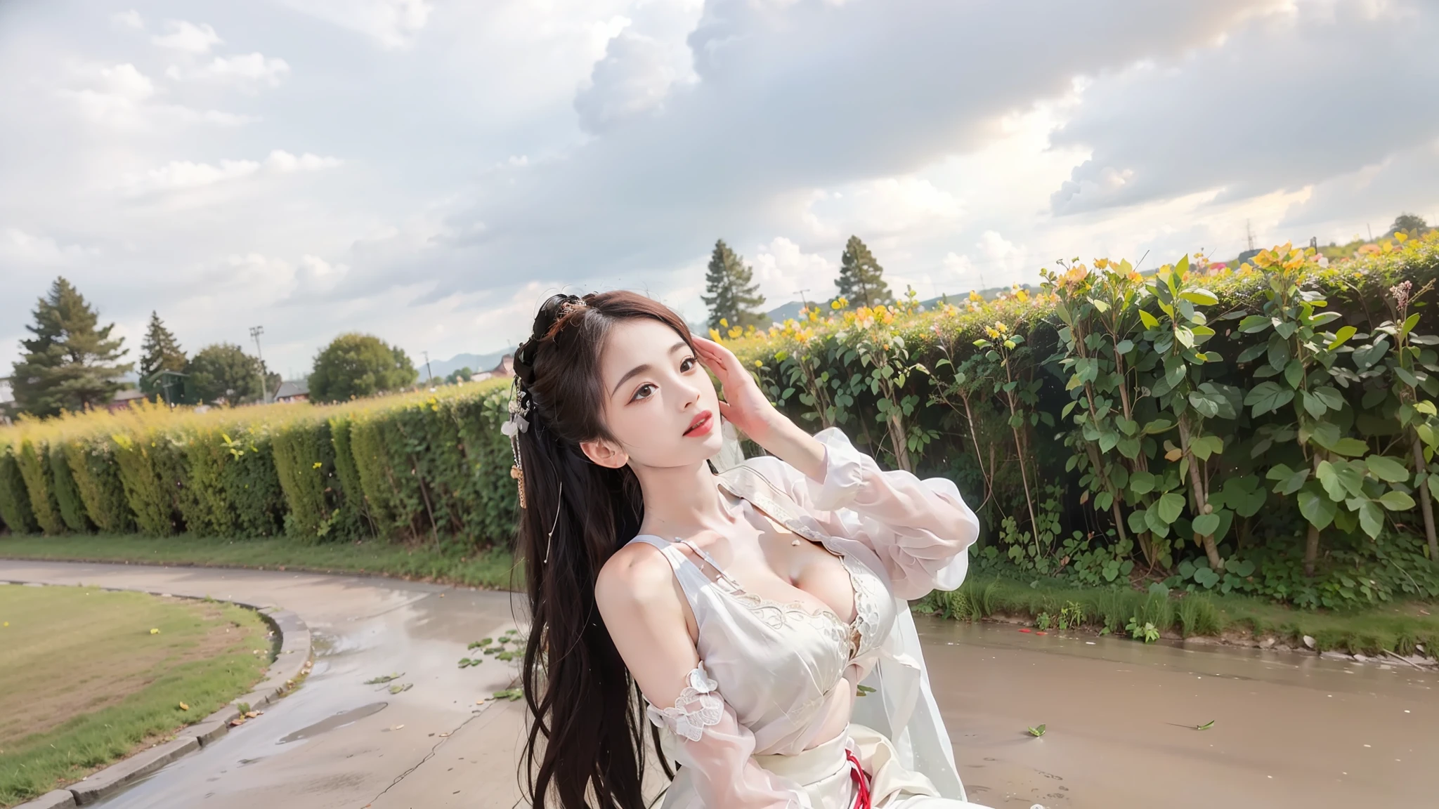 1girl, solo, brunette hair, (blood volume: 1), , full body, (realism: 1.4), official art, unreal 8k wallpaper, super detailed, beautiful aesthetics, masterpiece, best quality, (dynamic angle: 1.4), elegant, bright colors, romantic, sexy, transparent, see-through, Chinese Hanfu, bare breast, (transparent skirt), barefoot, (wet), (see-through), (big breasts, cleavage), (massage stick in hand), seduction, (open legs), pubic hair