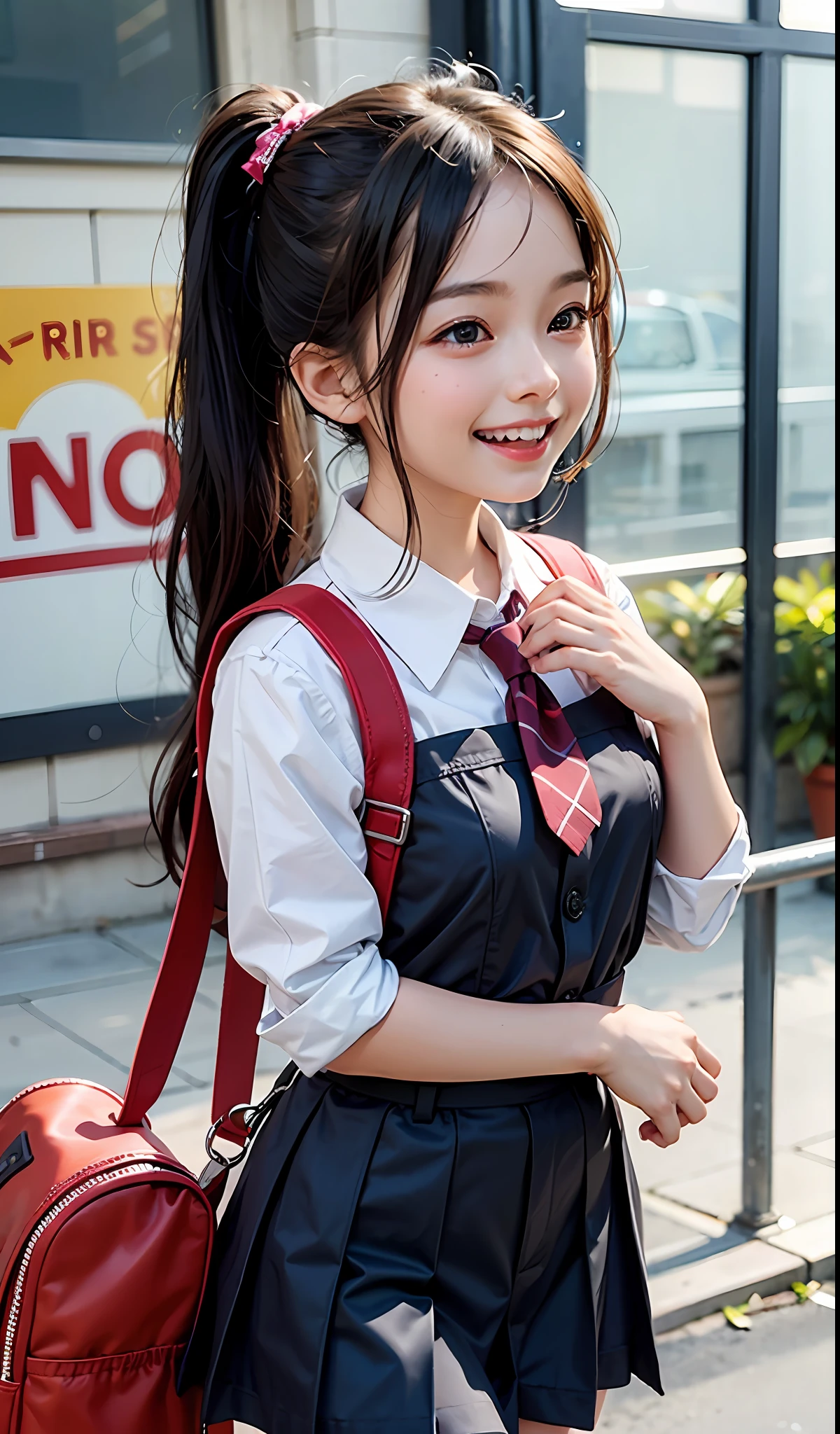 An innocent and cute eight-year-old girl with double ponytails, loli style, laughing happily, carrying a red schoolboy backpack, wearing cute white stockings and school uniforms, embellished with animal hangings.