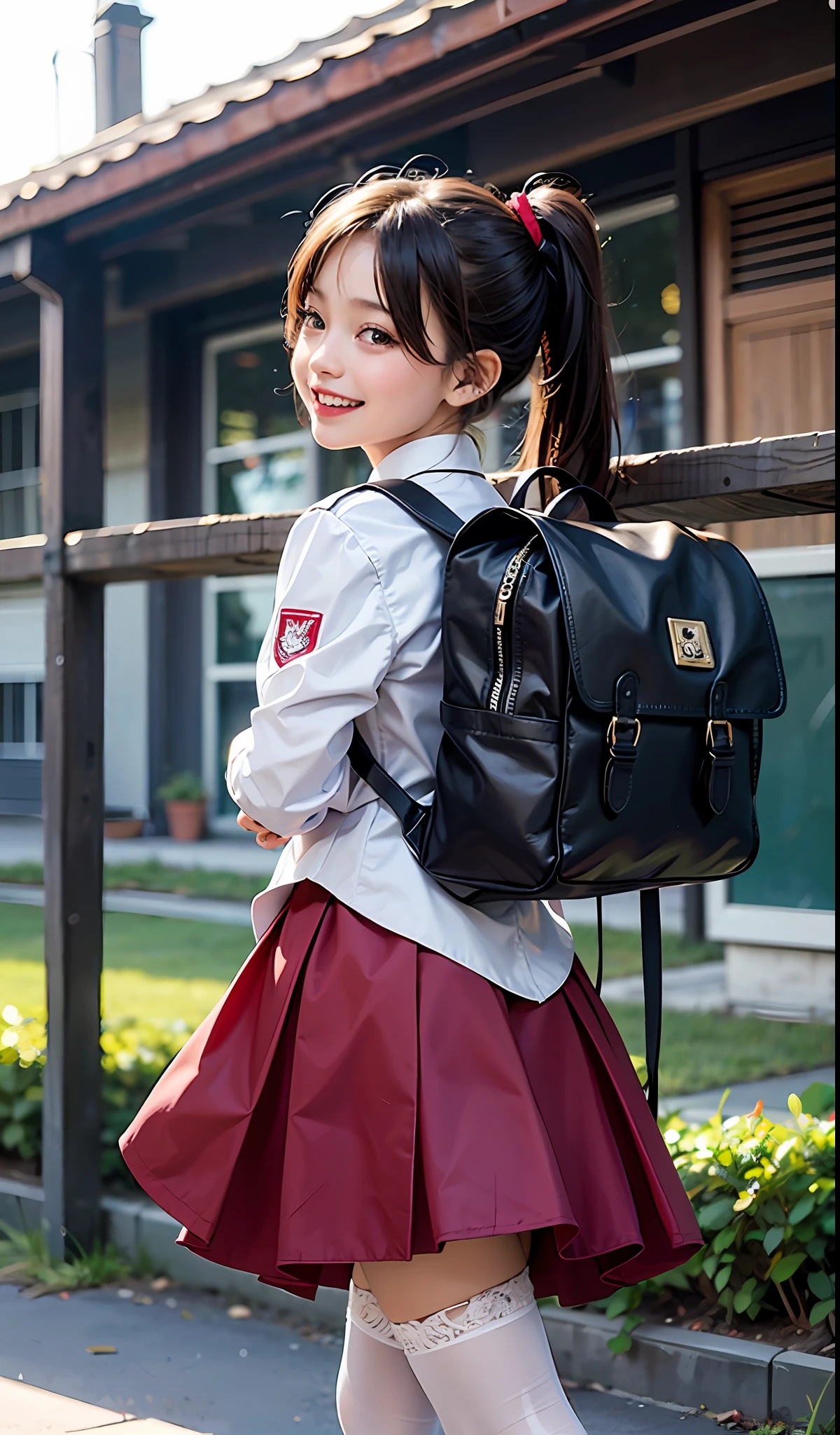 An innocent and cute eight-year-old girl with double ponytails, loli style, laughing happily, carrying a red schoolboy backpack, wearing cute white stockings and school uniforms, embellished with animal hangings.