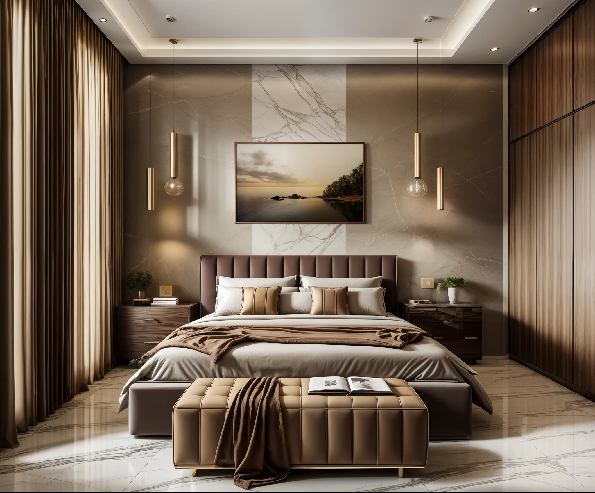 modern bedroom, (supper detail:1.2), brown luxury bed, combo tropical style poter on the wall, marble floor, 1 big abtract poster on the wall, warm light