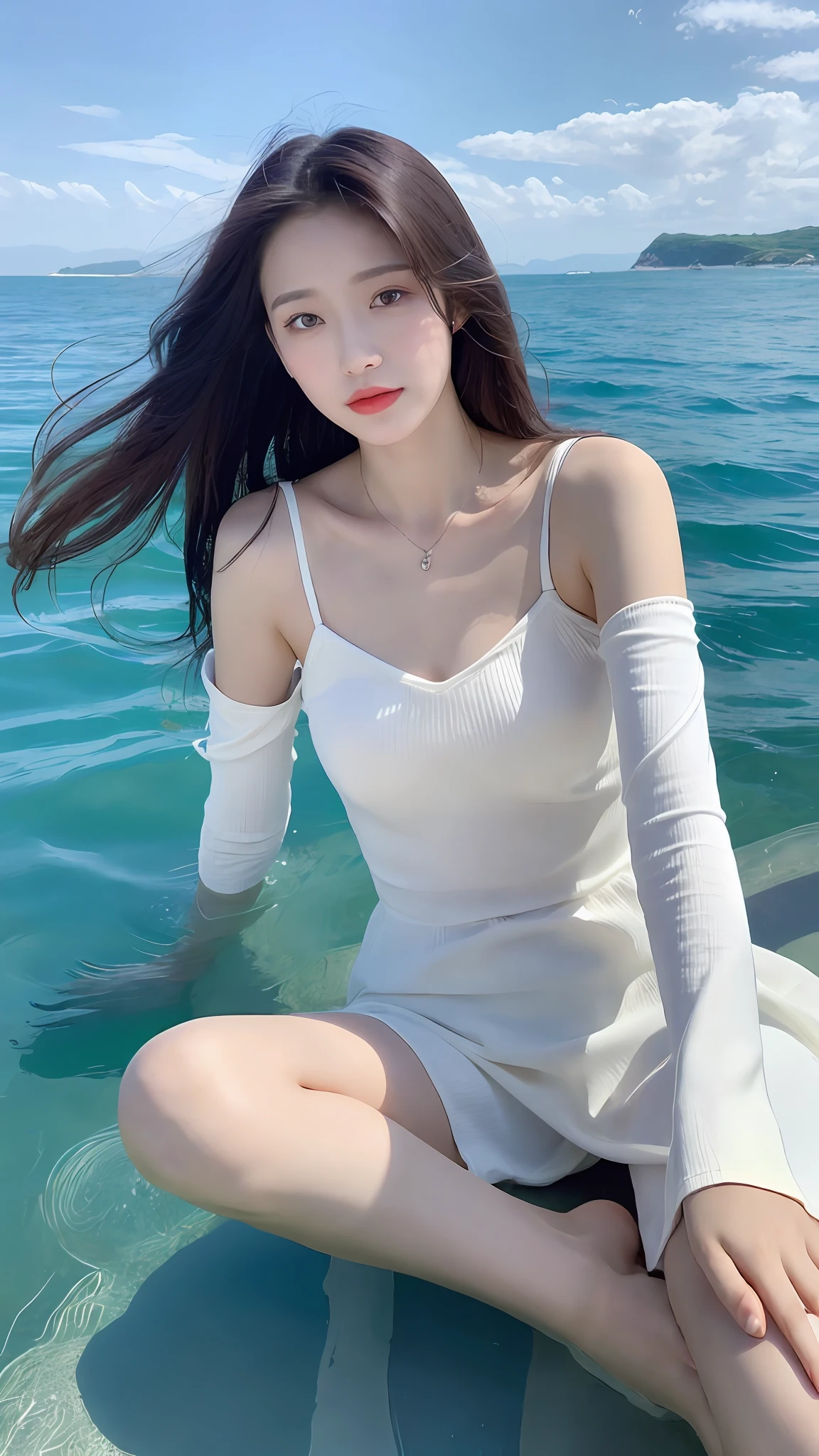 (Real, High Resolution: 1.3), 1 girl with perfect figure, super thin face and eyes, long hair, dress: 1.2 in random colors, short jeans, in the sea