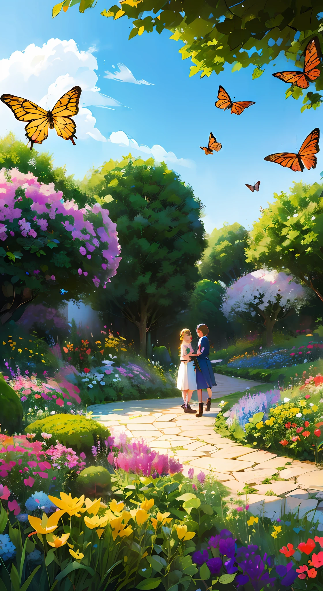 Estrelita guided the two sisters down a secret path, leading them to an even more stunning part of the garden. There, they discovered a lake of crystal clear waters, surrounded by luminous flowers that emitted a sweet and comforting aroma. Butterflies flew around, creating a spectacle of color and movement. Illustration of "happy" in a flower garden. Blue sky of clouds tending the garden with butterflies. Beautiful illustration, beautiful painting, beautiful UHD 4k art, beautiful art, a beautiful art illustration, guweiz style art, beautiful painting, atey ghailan 8k, artgerm and atey ghailan, (long blonde hair) taking care of butterflies, (butterflies). (best quality, masterpiece), happy, particle, wind, flower, full body, garden background, looking at butterflies. --auto