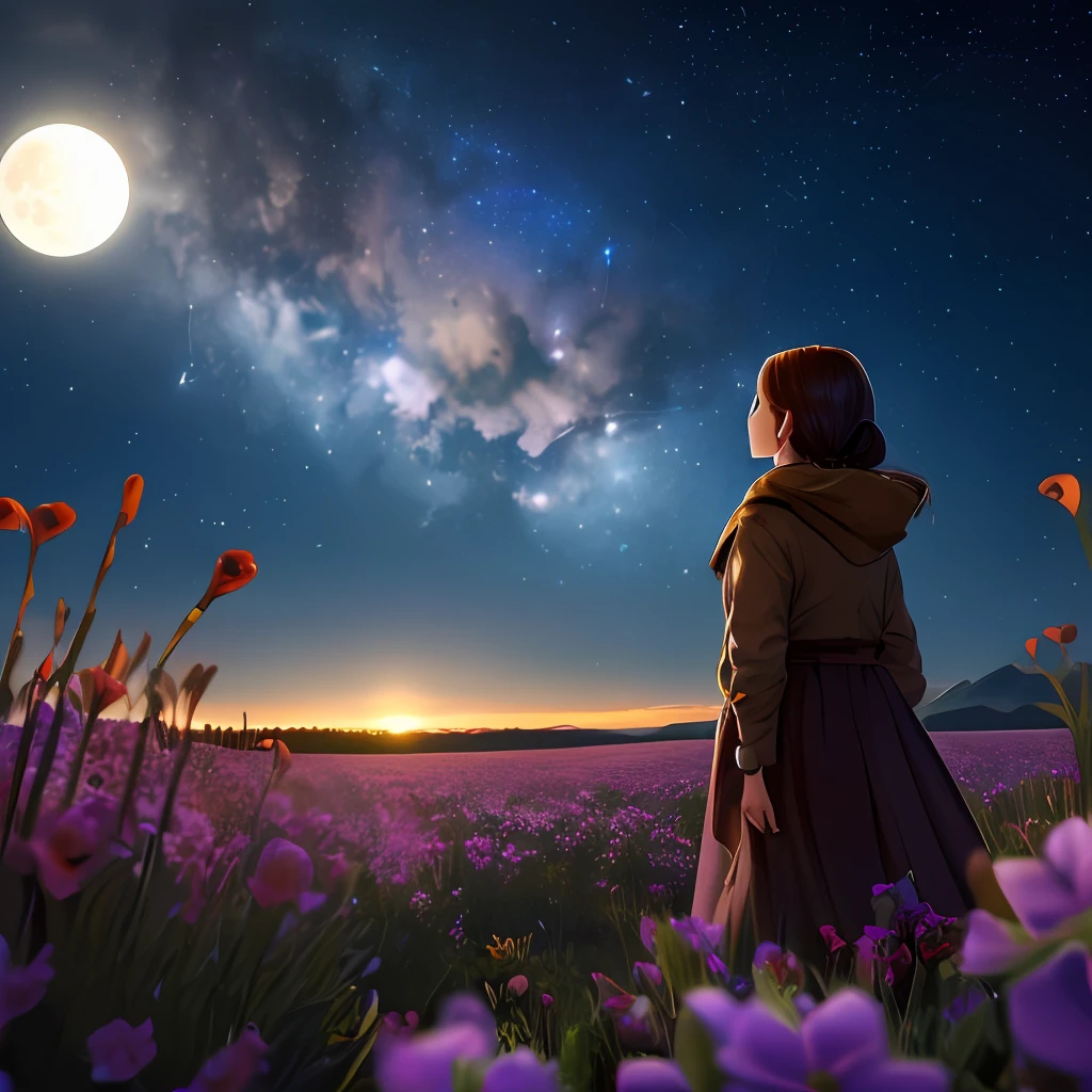 Expansive landscape photo, (view from below with a view of the sky and the wilderness below), little girl standing in a flower field looking up, (full moon: 1.2), (shooting star: 0.9), (nebula: 1.3), distant mountain, tree BREAK production art, (warm light source: 1.2), (firefly: 1.2), lamp, intricate detail, volume lighting BREAK (masterpiece: 1.2), (best quality), 4k, Ultra-detailed, (dynamic composition: 1.4), highly detailed and colorful details (iridescent: 1.2), dreamy, magical, (sparkling lighting, atmospheric lighting), (Solo: 1.2) --auto