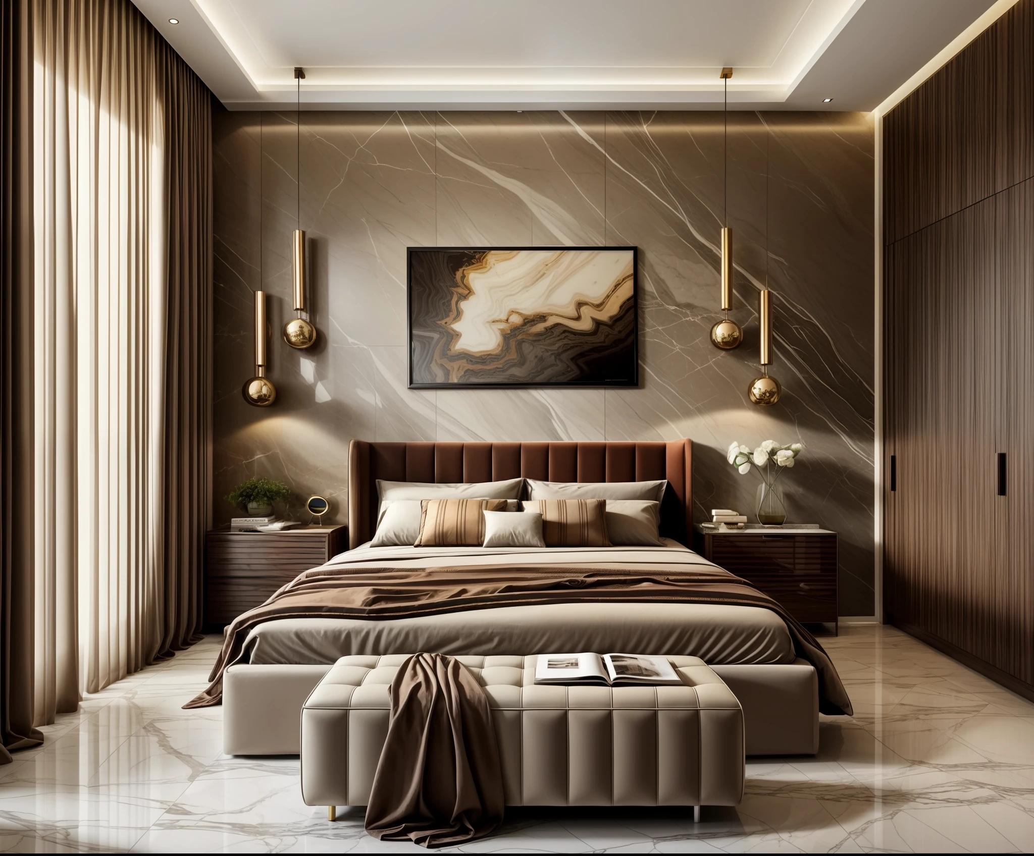 modern bedroom, (supper detail:1.2), brown luxury bed, combo tropical style poter on the wall, marble floor, 1 big abtract poster on the wall, warm light