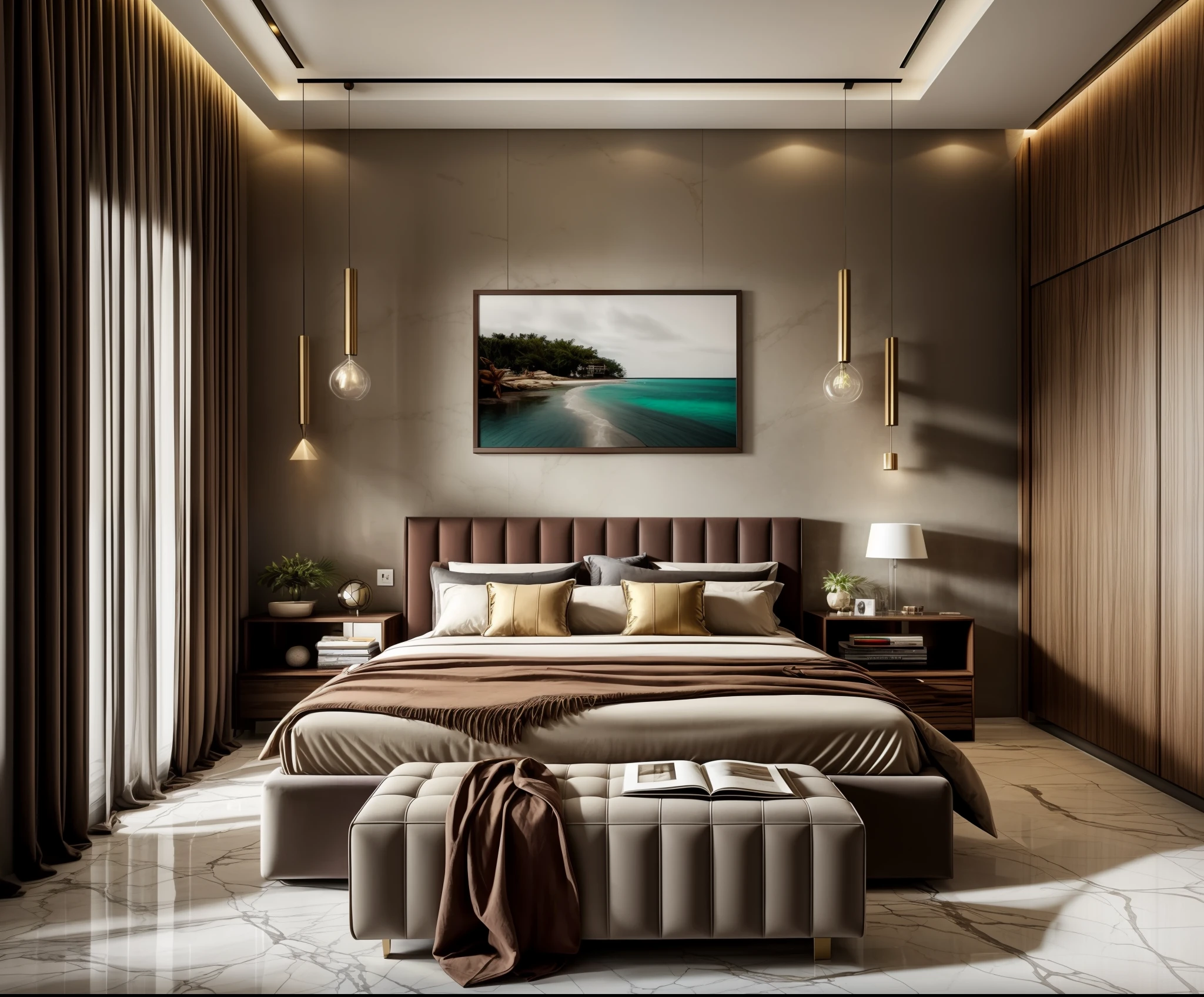 modern bedroom, (supper detail:1.2), brown luxury bed, combo tropical style poter on the wall, marble floor, 1 big abtract poster on the wall, warm light