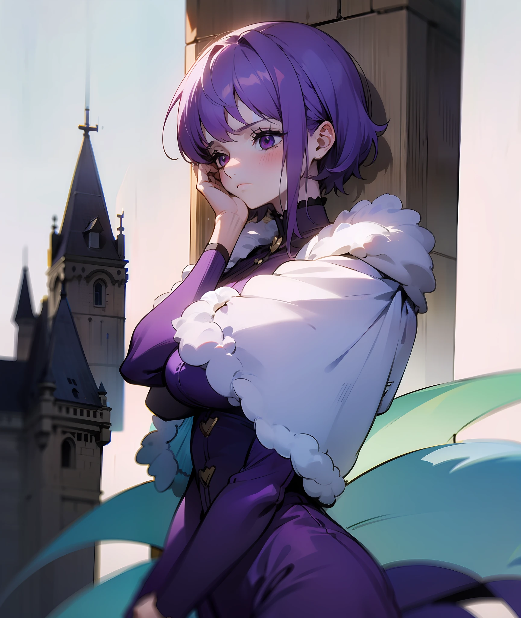 1girl, purple hair, short hair, bangs, eyes covered by hair, tired, sad, depressed, emotionless, cold, purple clothes, castle, pale skin