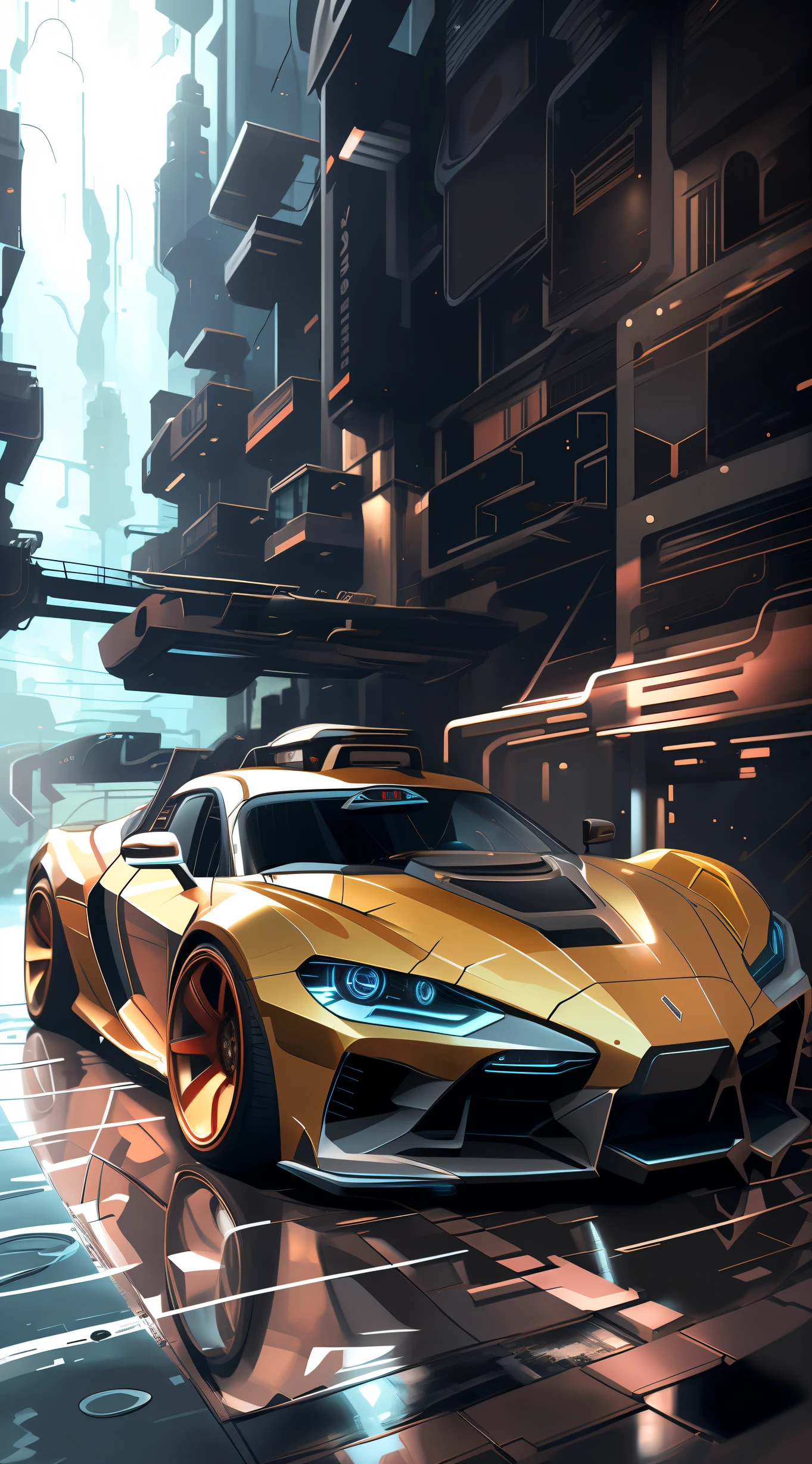 there is a car that is parked in a city street, cyberpunk garage on jupiter, cyberpunk car, futuristic art style, 8 k high detail concept art, futuristic cars and mecha robots, cyberpunk art style, cyberpunk themed art, anime art vehicle concept art, car concept art, high quality digital concept art, detailed cyberpunk illustration, bastien grivet, futuristic concept art