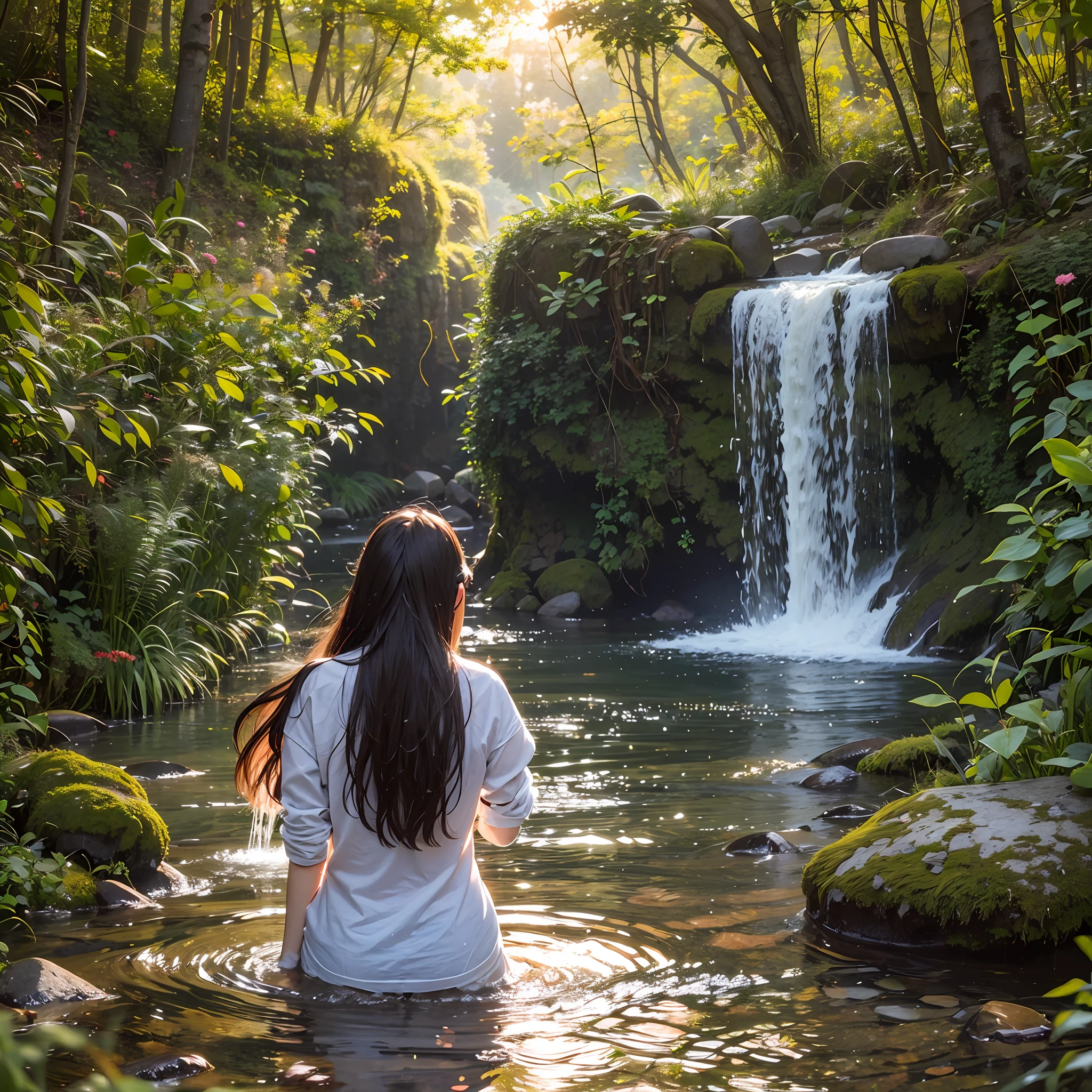 Bottle of whiskey on stone by a stream with a glass of whiskey with ice on the side. In the creek, a woman comes out of the wet water, with long wet hair moving, causing a shower of golden splashes by the light of a beautiful sunset with setting sun. The light from this sun illuminates the bottle from behind increasing the effect on the liquid in the bottle. --auto --s2