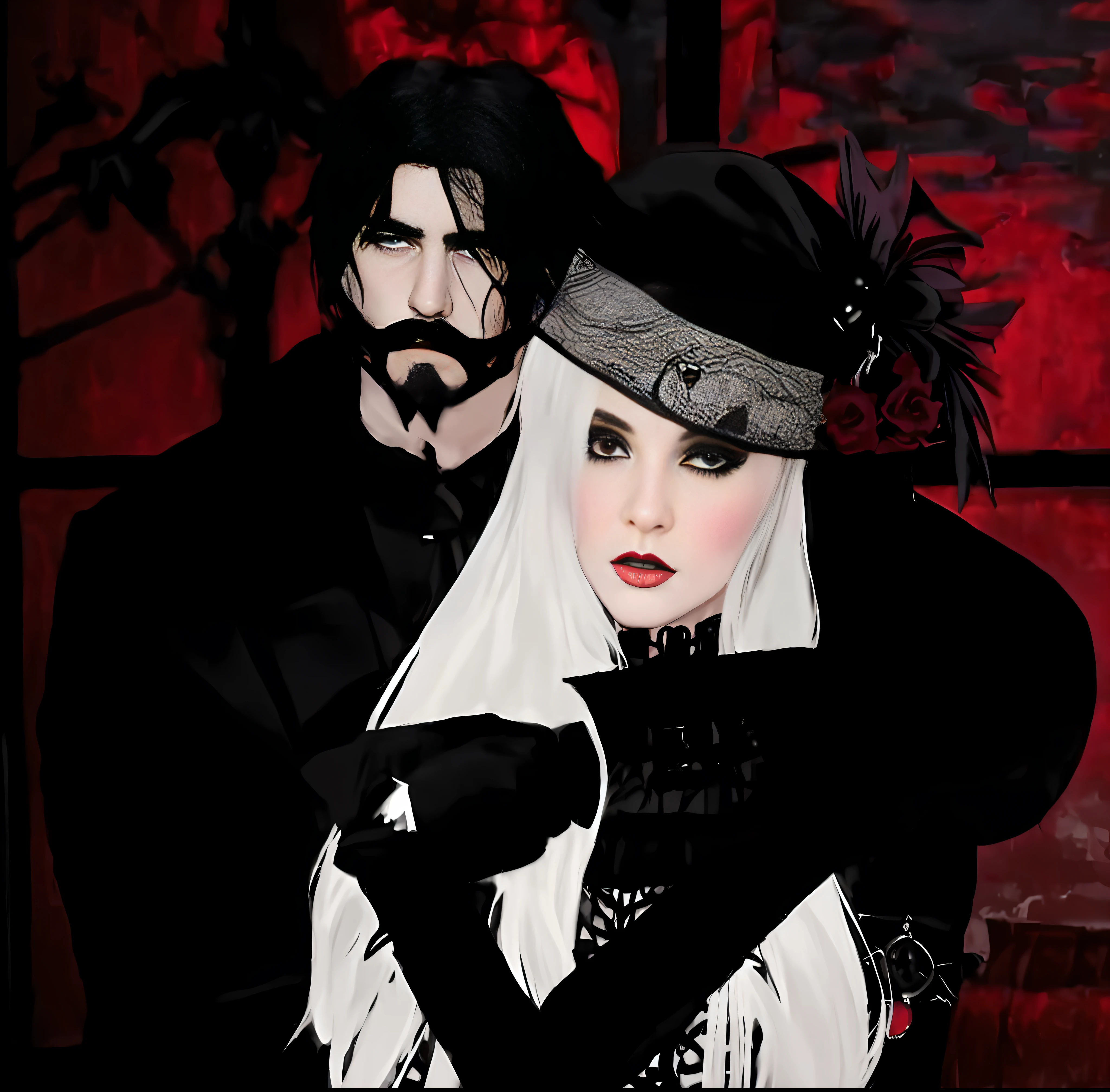 arafed image of a man and woman dressed in black and white, gothic romance, dark and gothic, victorian gothic, goth family, gothic art style, victorian goth, gothic horror vibes, neo gothic, gothic influence, gothic art, gothic, neo goth, gothic regal, vampire fashion, gothic harts, gothic atmosphere, gothic!!, gothic style