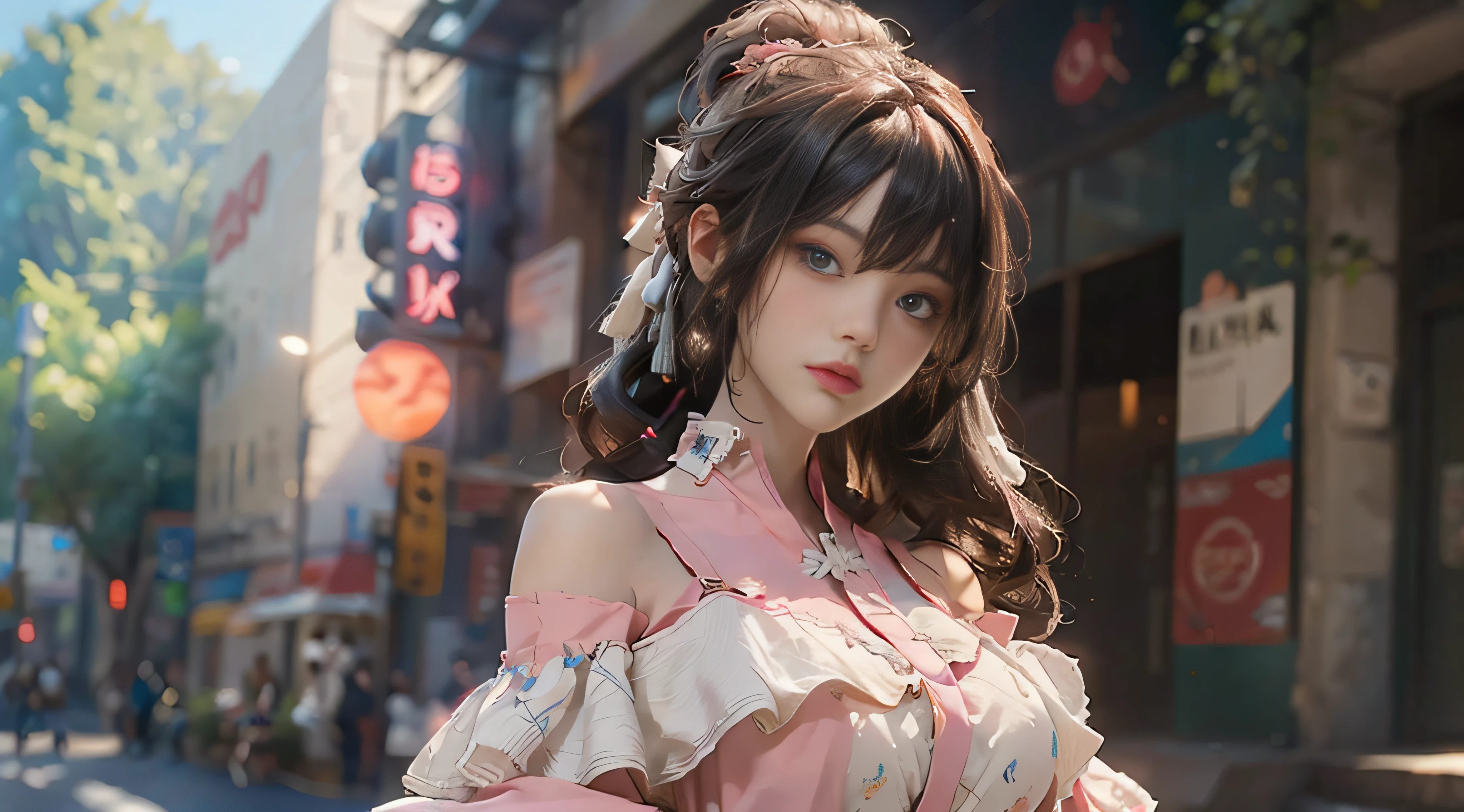 ((Best Quality)), ((Masterpiece)), (Detail: 1.4), 3D, Beautiful Cyberpunk Female Image, HDR (High Dynamic Range), Ray Tracing, NVIDIA RTX, Super Resolution, Unreal 5, Subsurface Scattering, PBR Texture, Post-Processing, Anisotropic Filtering, Depth of Field, Maximum Sharpness and Sharpness, Multi-layer Texture, Albedo and Highlight Mapping, Surface Coloring, Mitsu-Accurate Simulation of Material Interactions, Perfect Proportions, Octane Rendering, Two-color Light, Large Aperture, Low ISO, white balance, regular three-point, 8K RAW, beautiful bright pupils, off-the-shoulder clothes, fine pupils, delicate face and eyes, long eyelashes, blush, delicate and fluffy hair, pink lips, pure, cute, sweet girl, artistic sense, casual wear, high-end sense