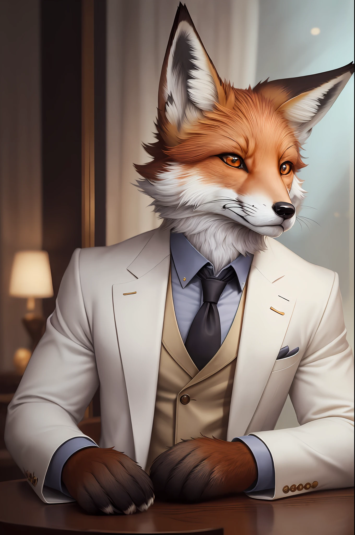 There is a fox sitting at the table in a suit, an anthropomorphic fox, an anthropomorphic fox, a tonic for a fox, a portrait of a human fox, an anthropomorphic furry art, a well-behaved, dignified aristocrat, a gentleman, an epic portrait of elegance, a high-quality portrait, an anthropomorphic cyberpunk fox creates an anthropomorphic fox image with serious manners and looks about 19 years old. He has the reddish-brown fur typical of a fox, smooth and neat. To add a touch of style to his appearance, he wears a white coat as a dress.
The white coat suits him perfectly, adding a sense of sophistication to his overall look. Despite his young age, the fox exudes sophistication, confidence and authority.
Emphasize his anthropomorphic features, such as his upright posture, anthropomorphic hands, and expressive facial features. Capture his serious expression, highlighting the intensity in his amber eyes, as well as the details of the white coat he wears.
Showcasing the unique blend of fox features and a stylish white coat, it captures the essence of this anthropomorphic individual with a serious and sophisticated look.