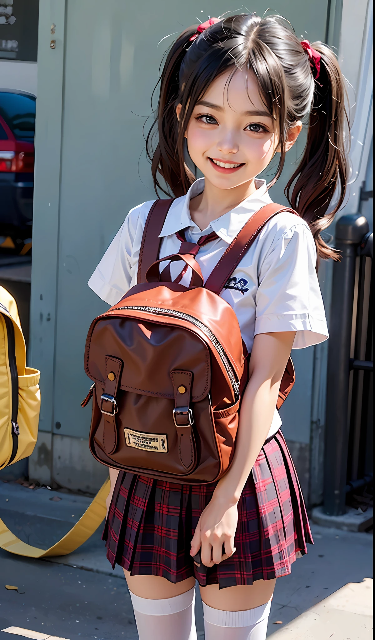 An innocent and cute -year-girl h double ponytails, loli style, laughing happily, carrying a red schoolboy backpack, wearing cute white stockings and school uniforms, embellished with animal hangings. Look into the camera,