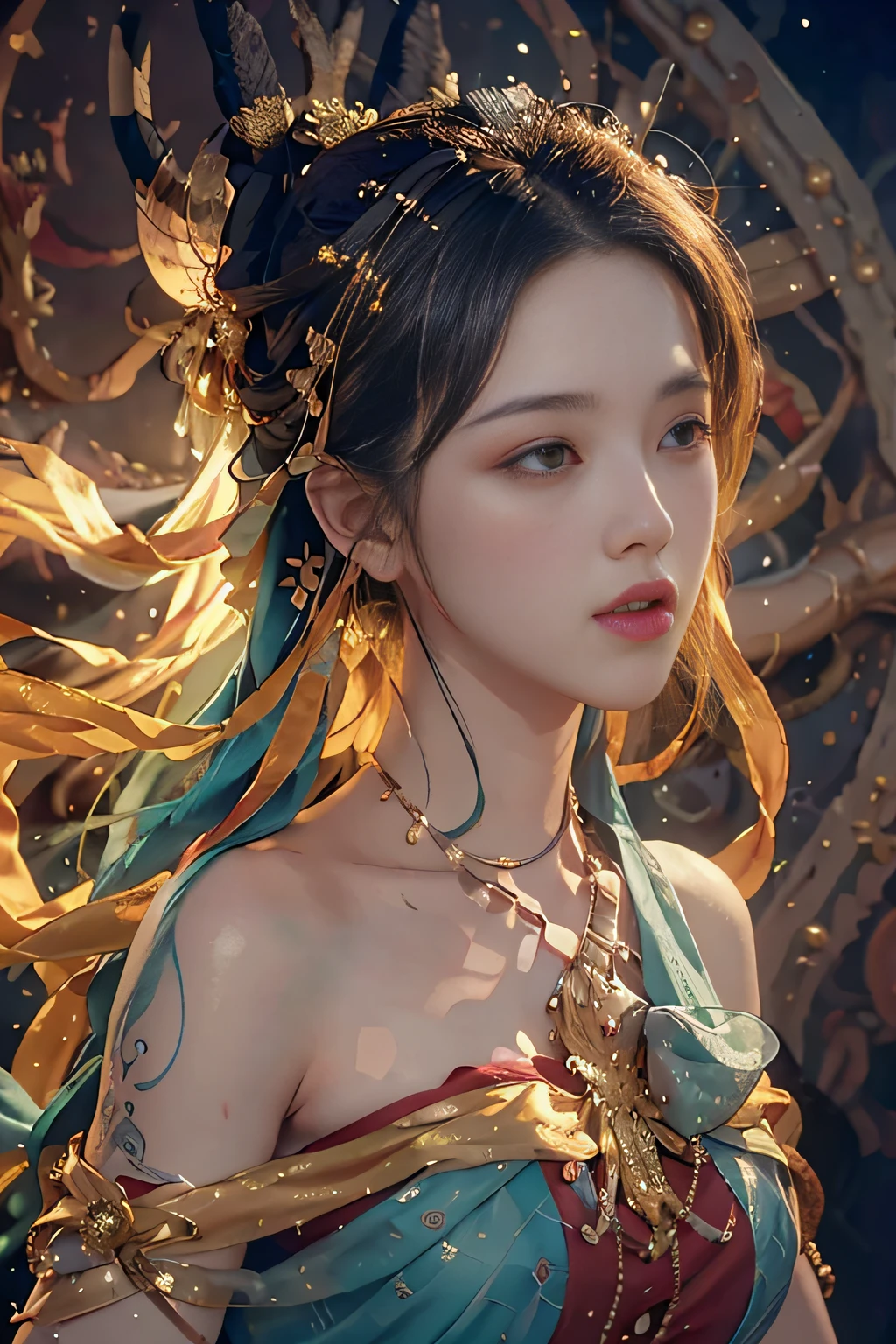(RAW photo, best quality), (realistic, photo-realistic:1.3),best quality,highly detailed,masterpiece,ultra-detailed,illustration,1girl,upper_body,dynamic angle,world masterpiece theater,messy_long_hair,best quality,extremely detailed CG unity 8k wallpaper,ink,Amazing,cinematic lighting,lens_flare,,dunhuang_style