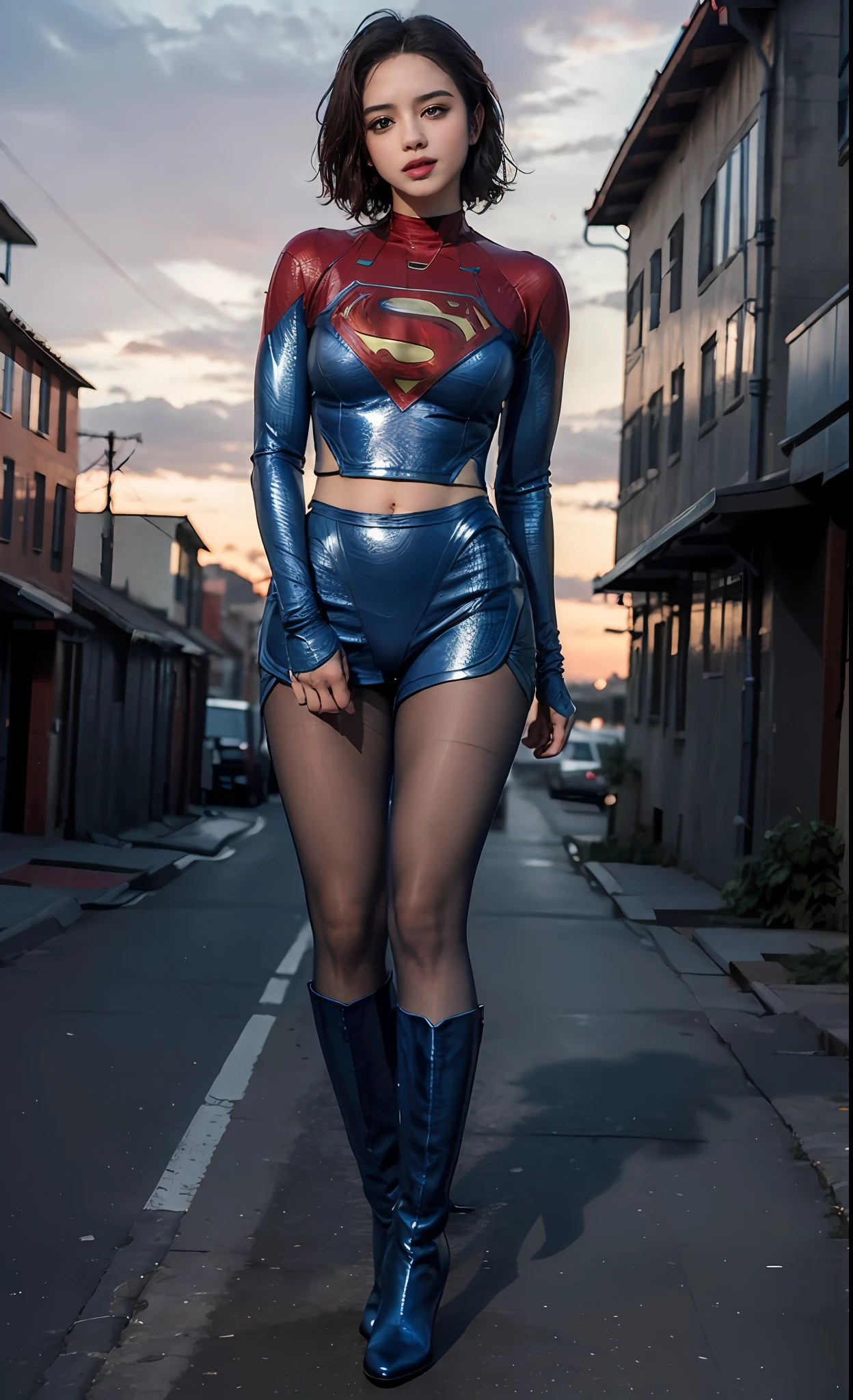1girl, (twilight), short hair, 
(looking at the viewer,(biting lip)), supergirl, cityscape, (flying), blue sky, cloud, split lips, blue pantyhose and boots,
Intricate details, highly detailed, shiny hair, glowing skin, blue eyes, 8K resolution, (full body)