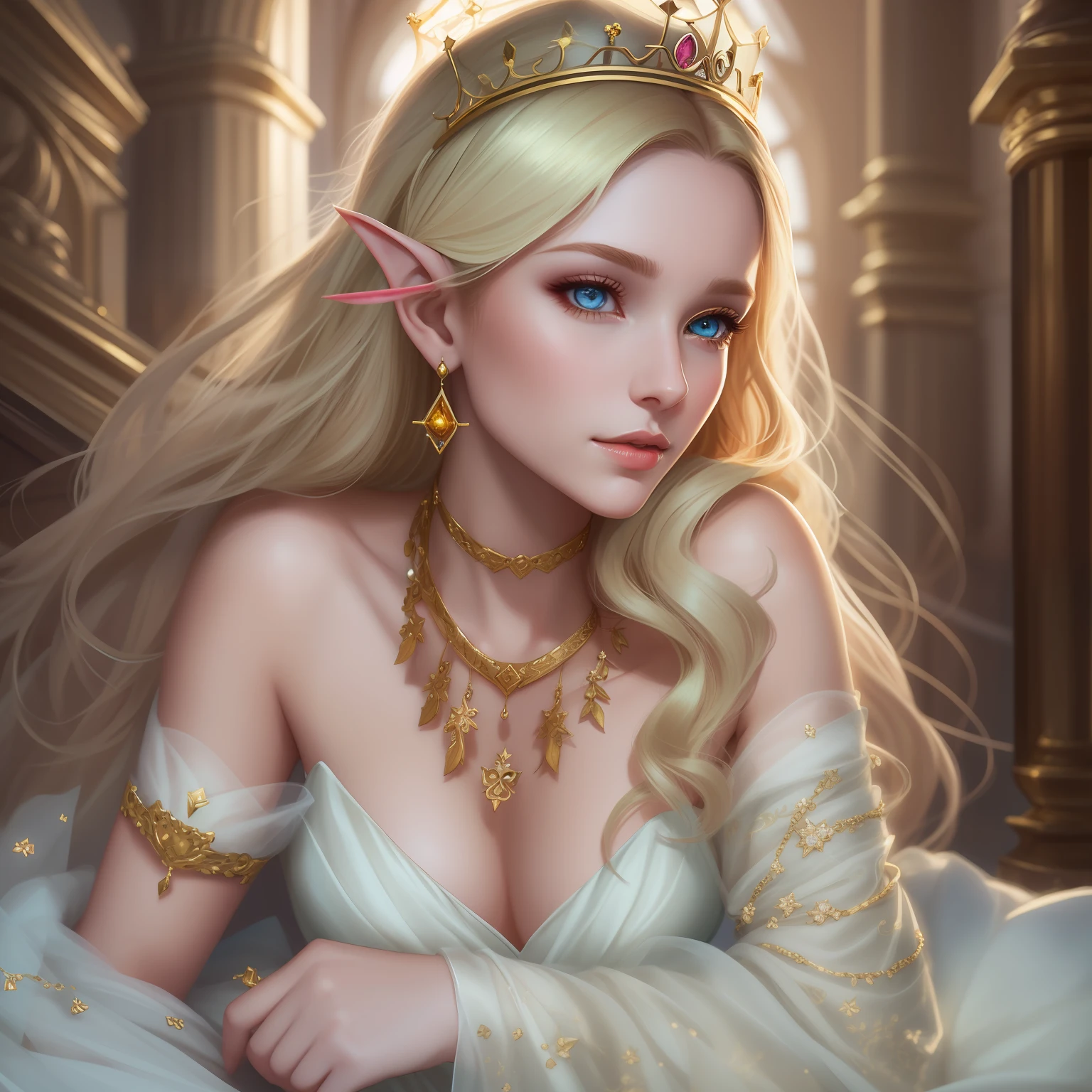 blond woman in a white dress with a tiable and gold jewelry, neoartcore and charlie bowater, magali villeneuve', inspired by Magali Villeneuve, portrait of an elf queen, ((a beautiful fantasy empress)), charlie bowater art style, princess portrait, beautiful and elegant elf queen, charlie bowater character art