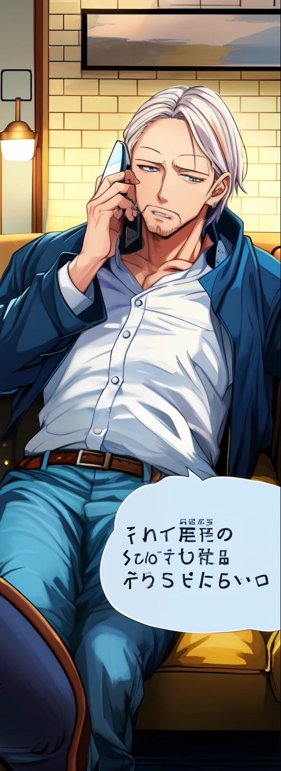 anime of a man sitting in a chair talking on a cell phone, white hair, jacket, jeans, white shirt, classis shoes, text bubble speech, sofa, painting, night lamp, color manga, manga color, color manga, color manga panel, simple background