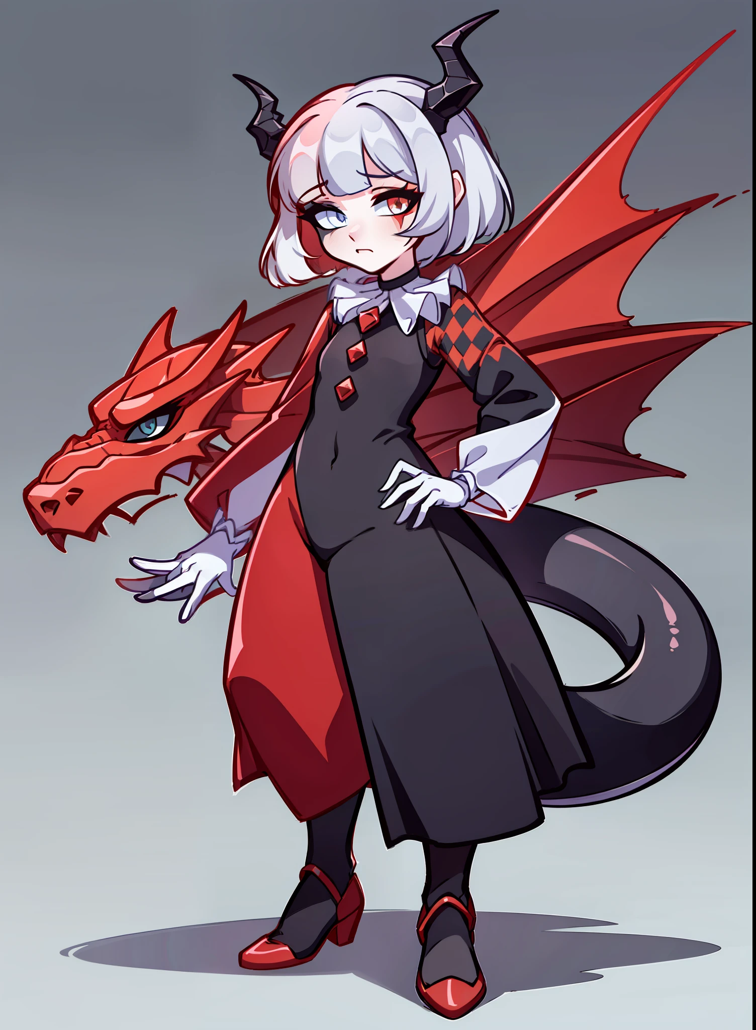 (Best quality: 1.0), (super high res: 1.0), extremely detailed character, detailed hands, half-dragon girl, horns, scales on the neck, scales on the shoulders, scales on the forearm, scales on the cheek, girl with dragon tail, dragon tail, extremely detailed hair, short hair, ((white hair)), ((black locks)), extremely detailed eyes, eye with different colors, heterochromia, white right eye and black left eye,  dragon eyes, 2d, anime art, ((child)), ((full body)), standing, medieval, Rpg, small, playful, trying to scare the viewer