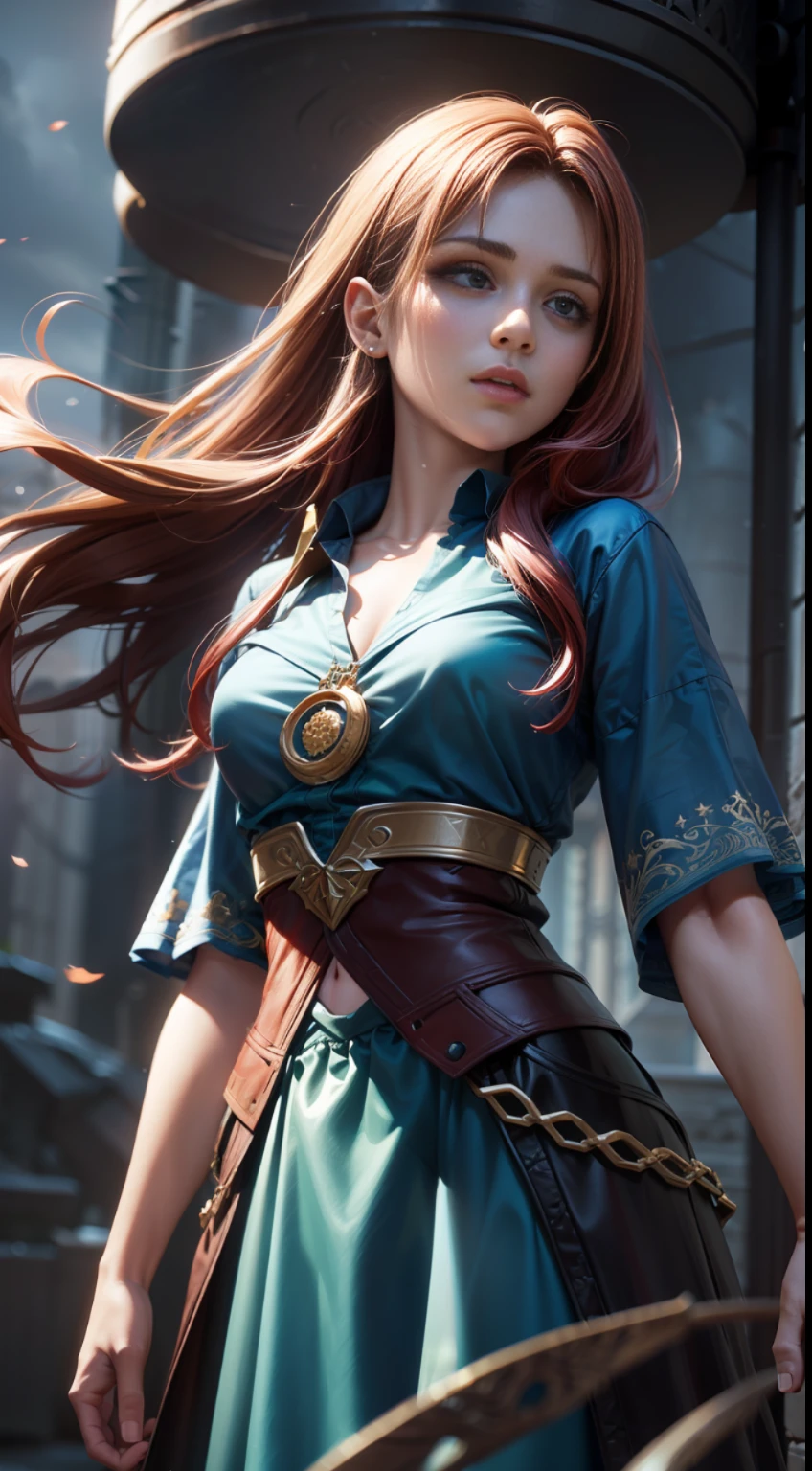 Realistic super detail, 8K, realistic, HD wallpaper, ((1girl)), (delicate face details), parted lips, flowing red hair, detailed hair strands, detailed blue eyes, glowing eyes, standing, (looking at the audience), ((((fine blue shirt)))), ((flying long skirt)), (((fantasy mystery background))), beautiful, magnificent, brilliant, epic, Complex details, natural light, natural shadows, depth of field, 3D rendering, octane rendering,