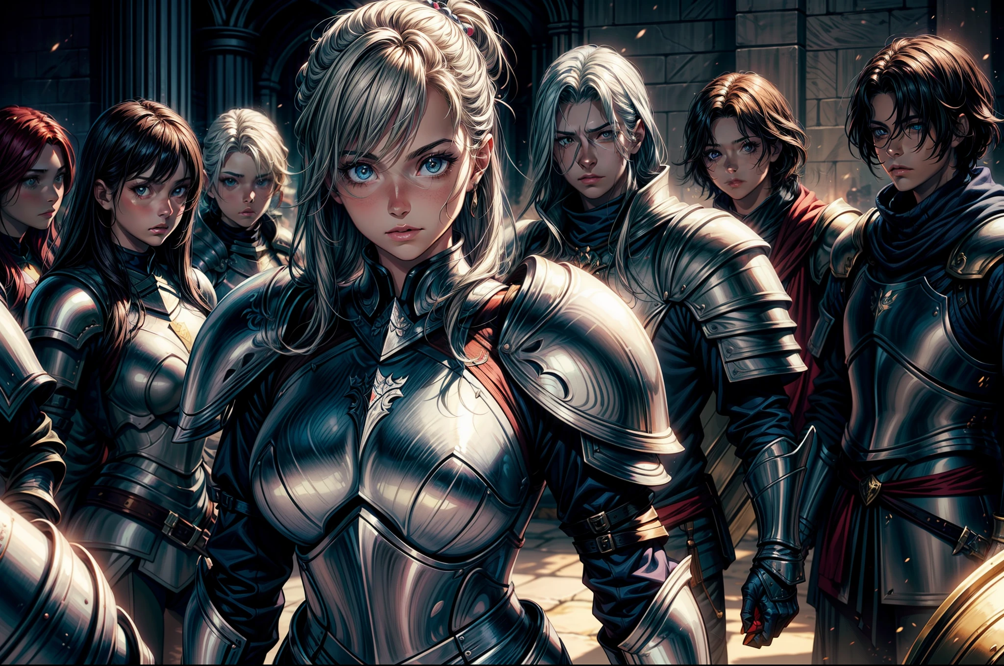 there is a woman in armor holding a sword in front of a group of people, female paladin, portrait of female paladin, gorgeous female paladin, picture of female paladin, female knight, fantasy paladin woman, of a beautiful female knight, beautiful female knight, portrait knight female, silvain sarrailh, girl in knight armor