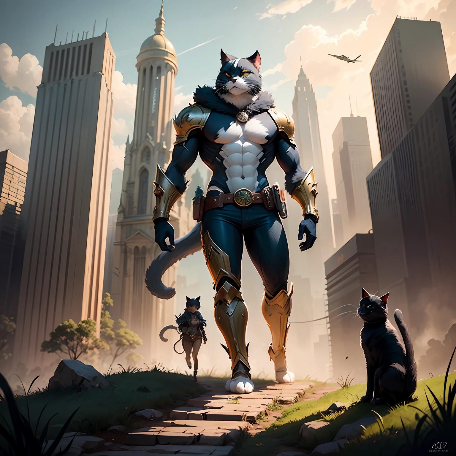 FULLBODY, anthropomorphic super giant cat, black cat, steampunk illustration, highly detailed art station, DeviantArt, concept art, digital painting award, fantasy scene, fantasy composition, fantasy, meadow, upright --auto