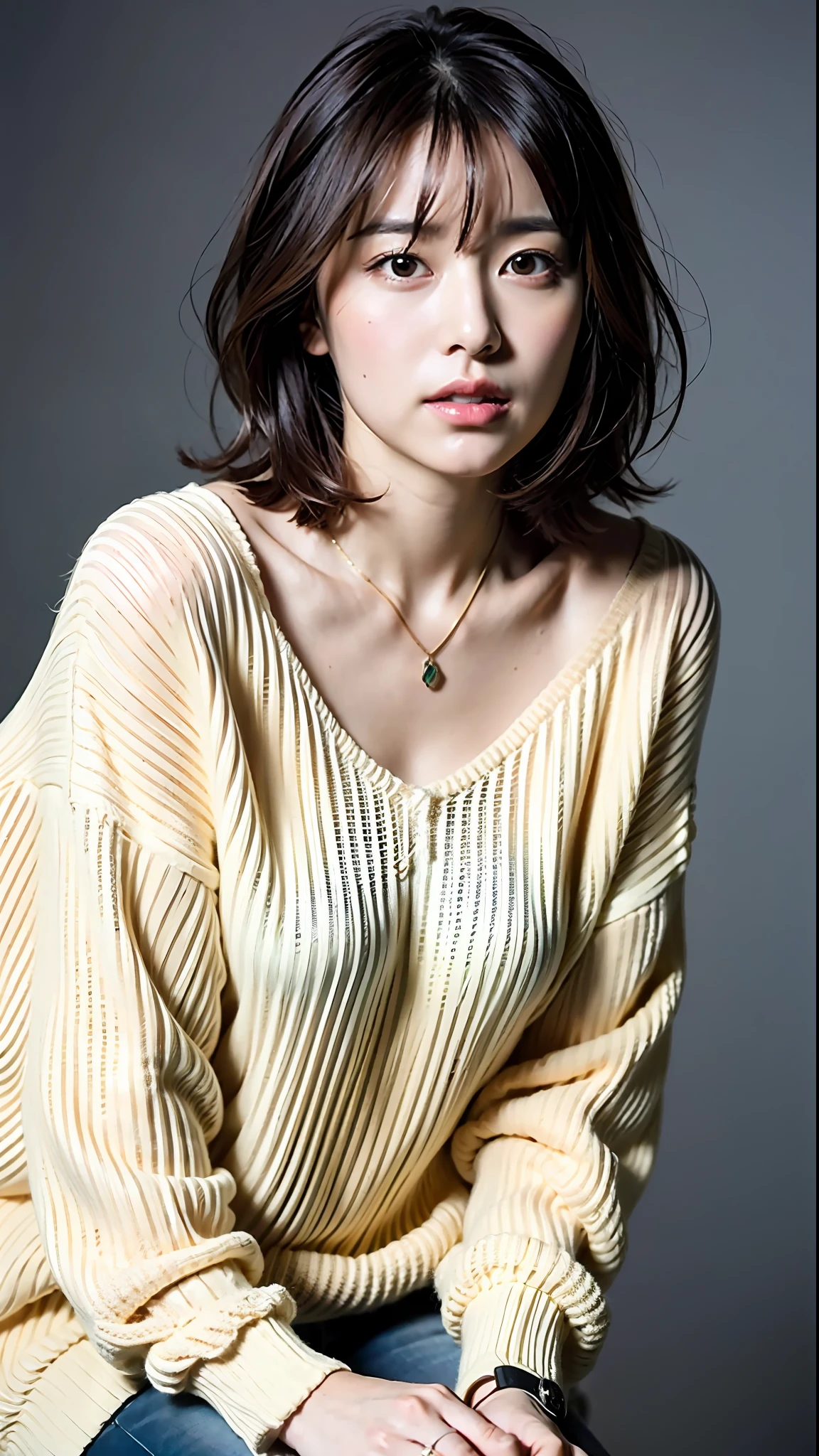 (Best Quality, 8k, 32k, Masterpiece, UHD: 1.2), Cute Japan Woman Pictures, Very Short Bob Hair, Face Focus, (oversized_sweater,:1.1) Necklace, Simple Background, Watch Viewer, Leaning Forward, Full Body