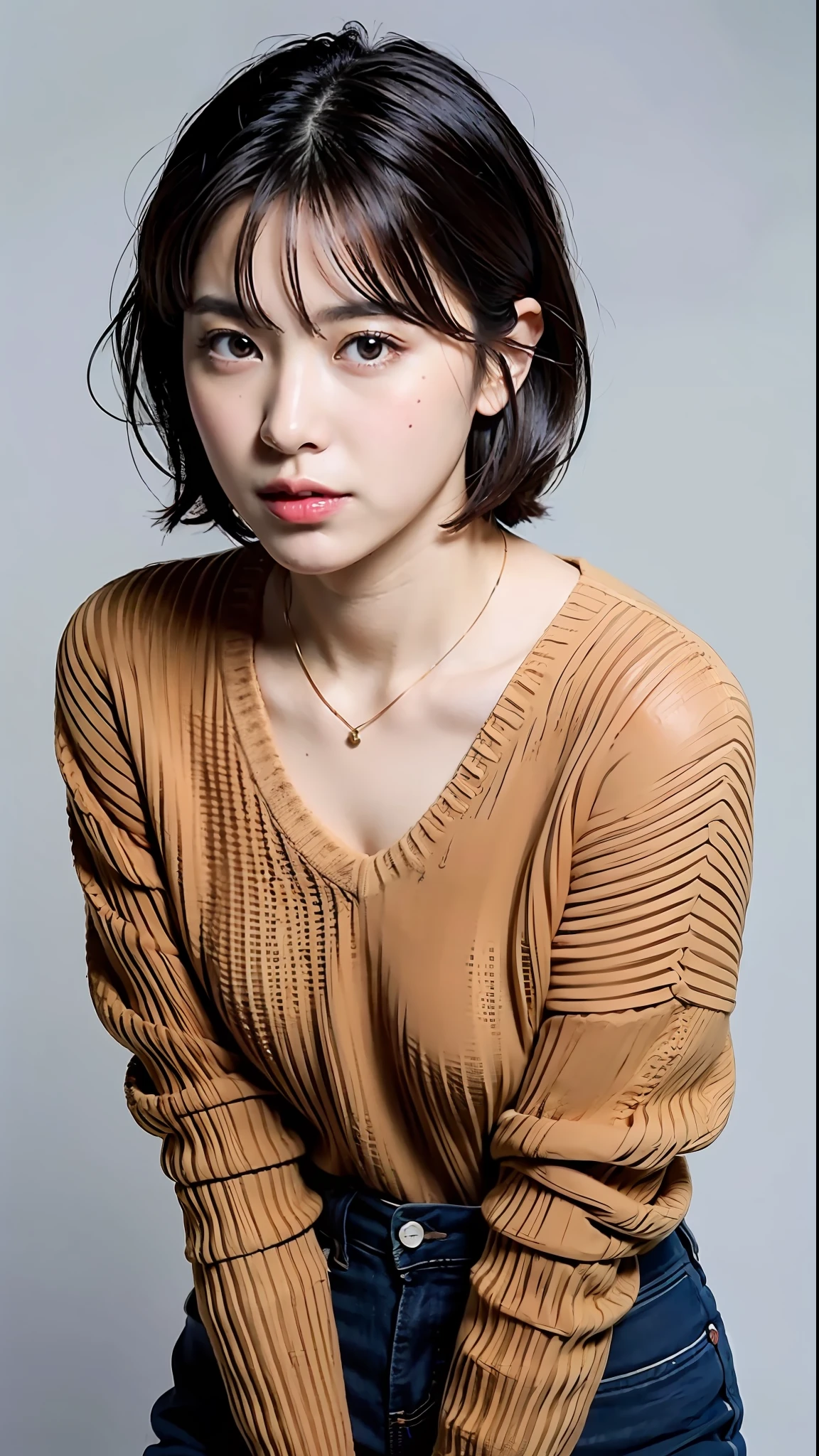 (Best Quality, 8k, 32k, Masterpiece, UHD: 1.2), Cute Japan Woman Pictures, Very Short Bob Hair, Face Focus, (oversized_sweater,:1.1) Necklace, Simple Background, Watch Viewer, Leaning Forward, Full Body