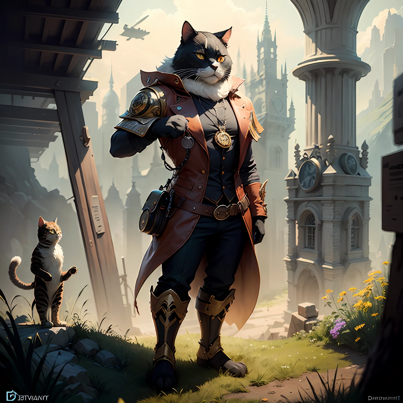 FULLBODY, anthropomorphic super giant cat, black cat, steampunk illustration, highly detailed art station, DeviantArt, concept art, digital painting award, fantasy scene, fantasy composition, fantasy, meadow, upright --auto
