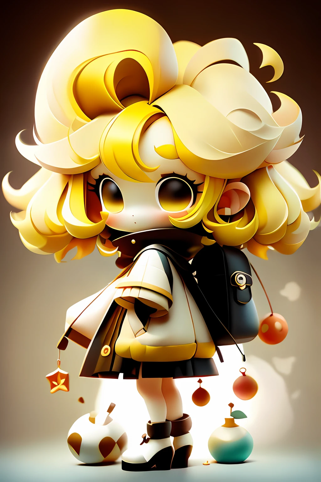 plastican00d, 1girl, chibi, yellow hair, luxury fabric, shaky, far-reaching, looking at the audience, striped background