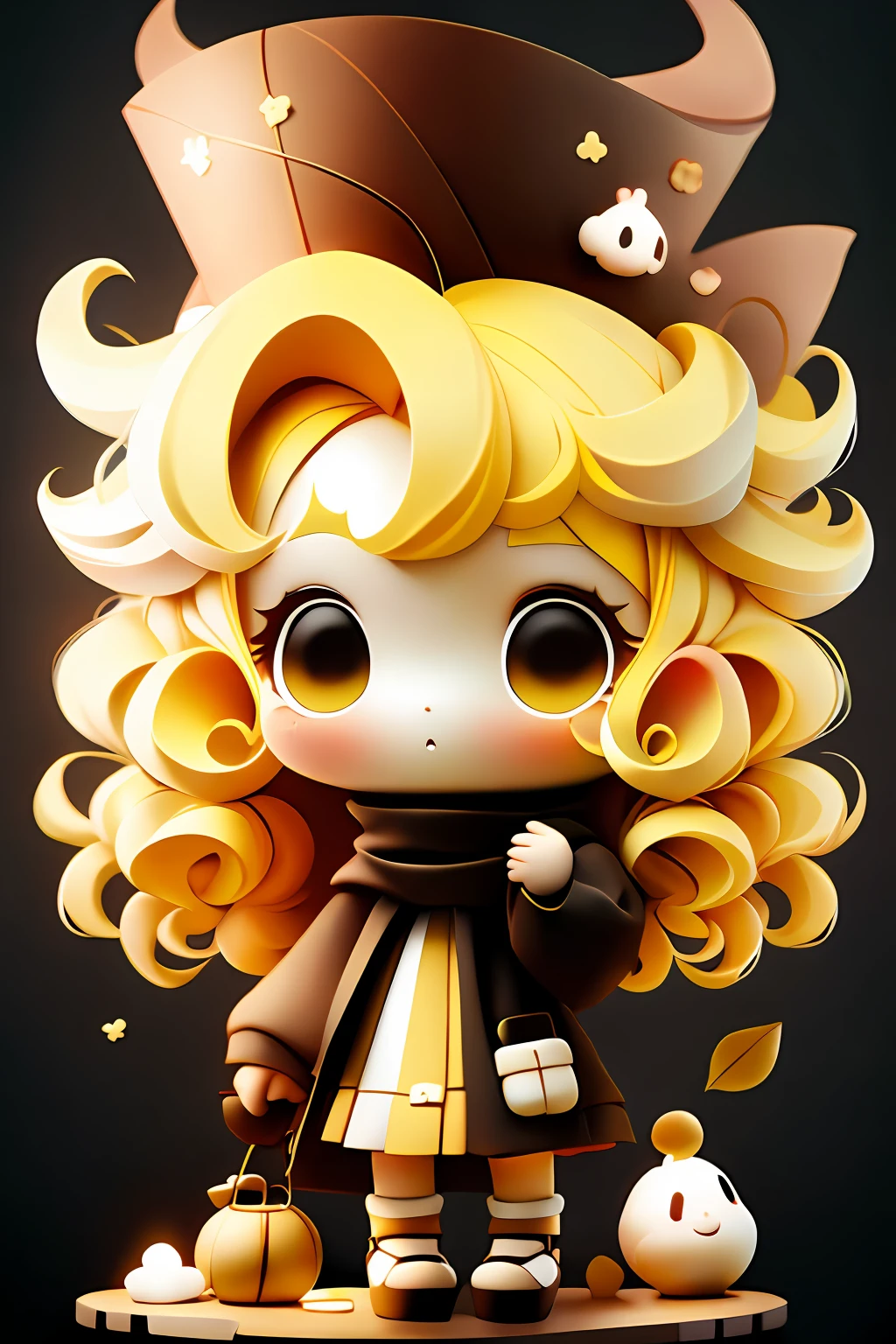 plastican00d, 1girl, chibi, yellow hair, luxury fabric, shaky, far-reaching, looking at the audience, striped background