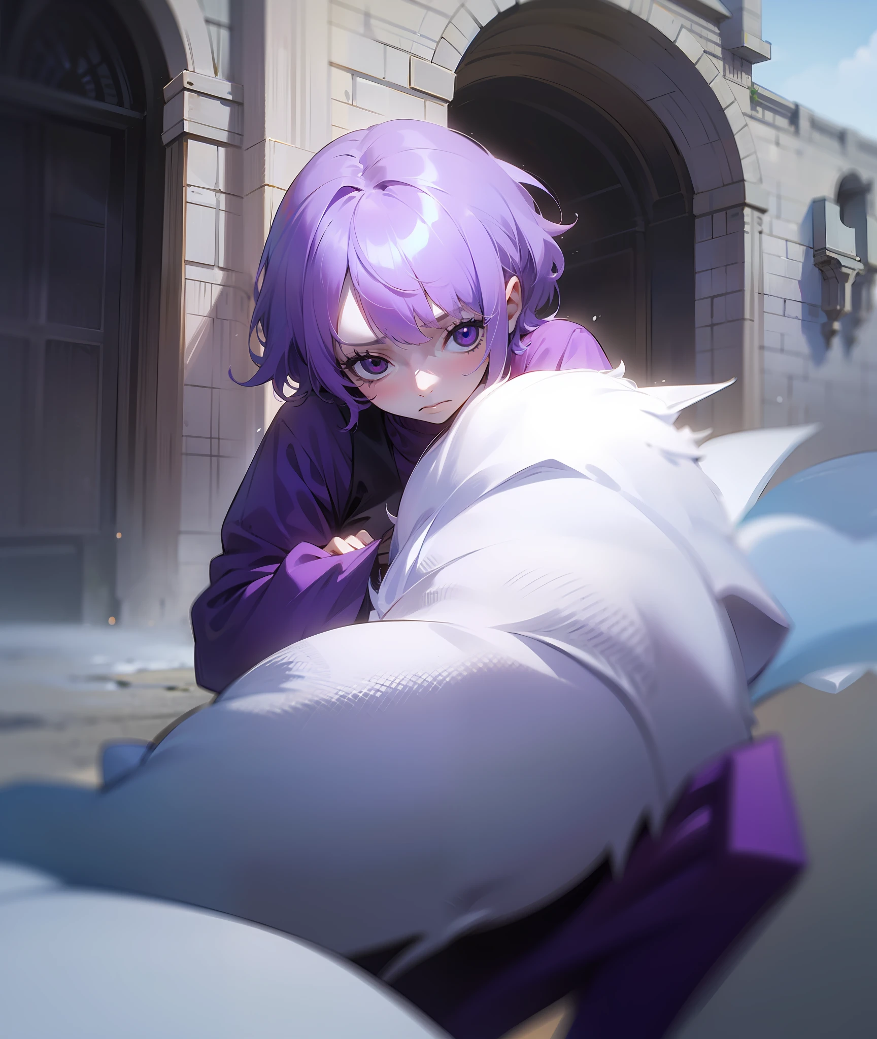 1girl, purple hair, short hair, bangs, eyes covered by hair, tired, sad, depressed, emotionless, cold, purple clothes, castle, pale skin