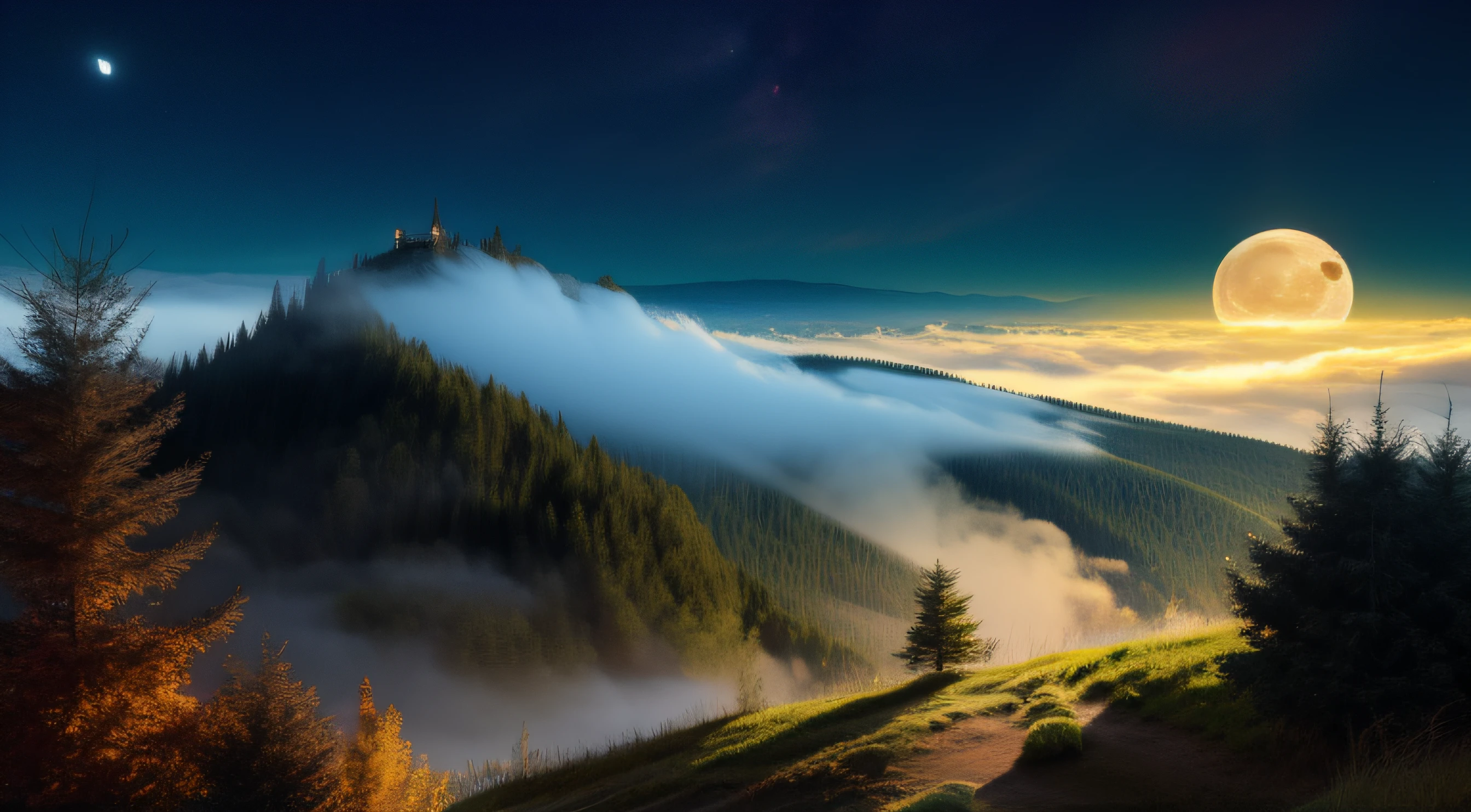 Medieval night landscape with Carpathian forests in the background, wolves on the cliffs, dense fog and the full moon on the horizon