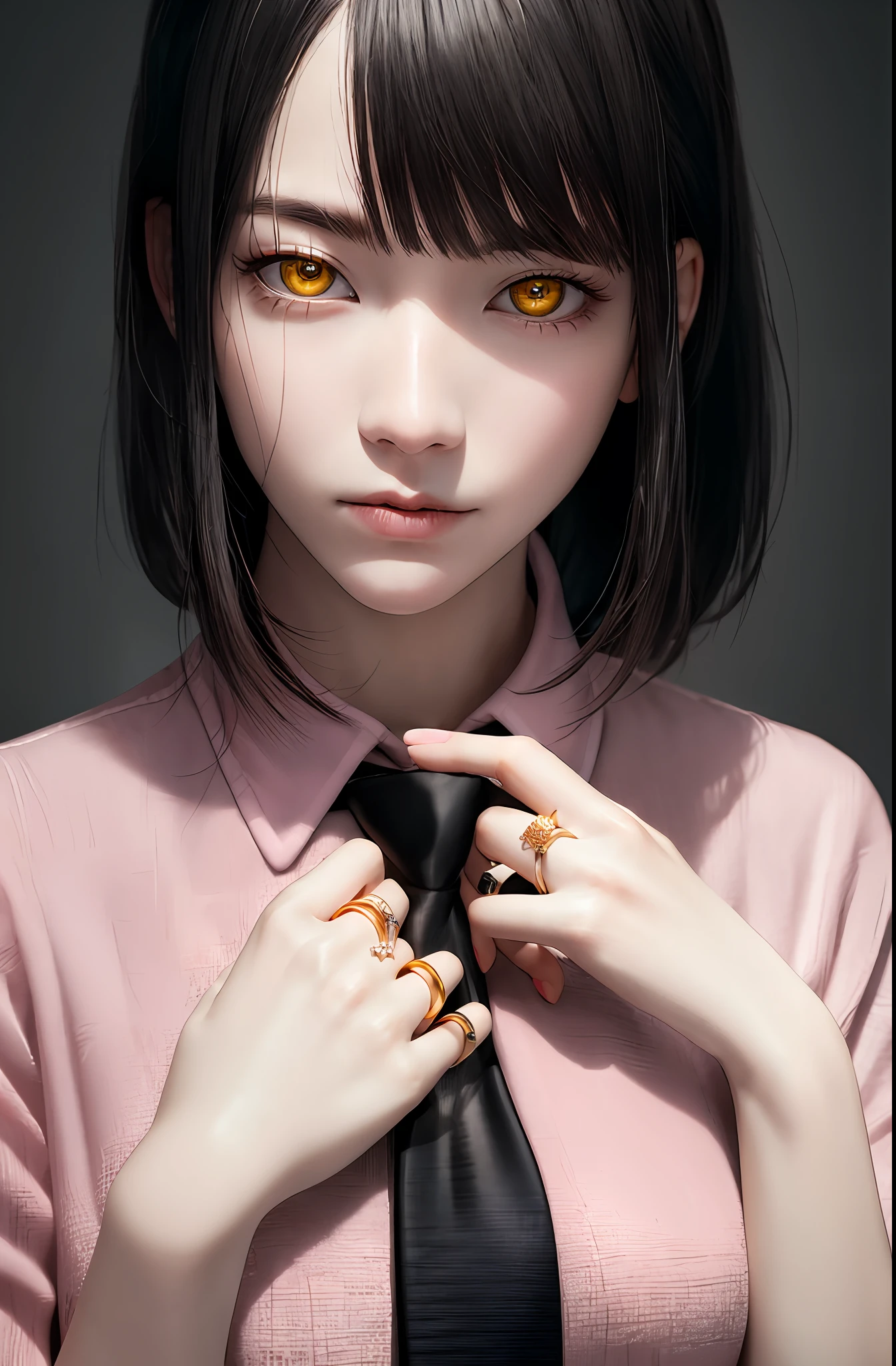 Masterpiece, (Photorealistic: 1.4), Top Quality, Beautiful Lighting, (ulzzang-6500:0.5), Makima \(Chainsaw Man\), (Bob Hair) + (Black Hair) + (Bangs), Yellow Eyes, Golden Eyes, (((Ring Eyes)), (Pink Shirt), (Tie), RAW Photography, 8k UHD, Film Grain