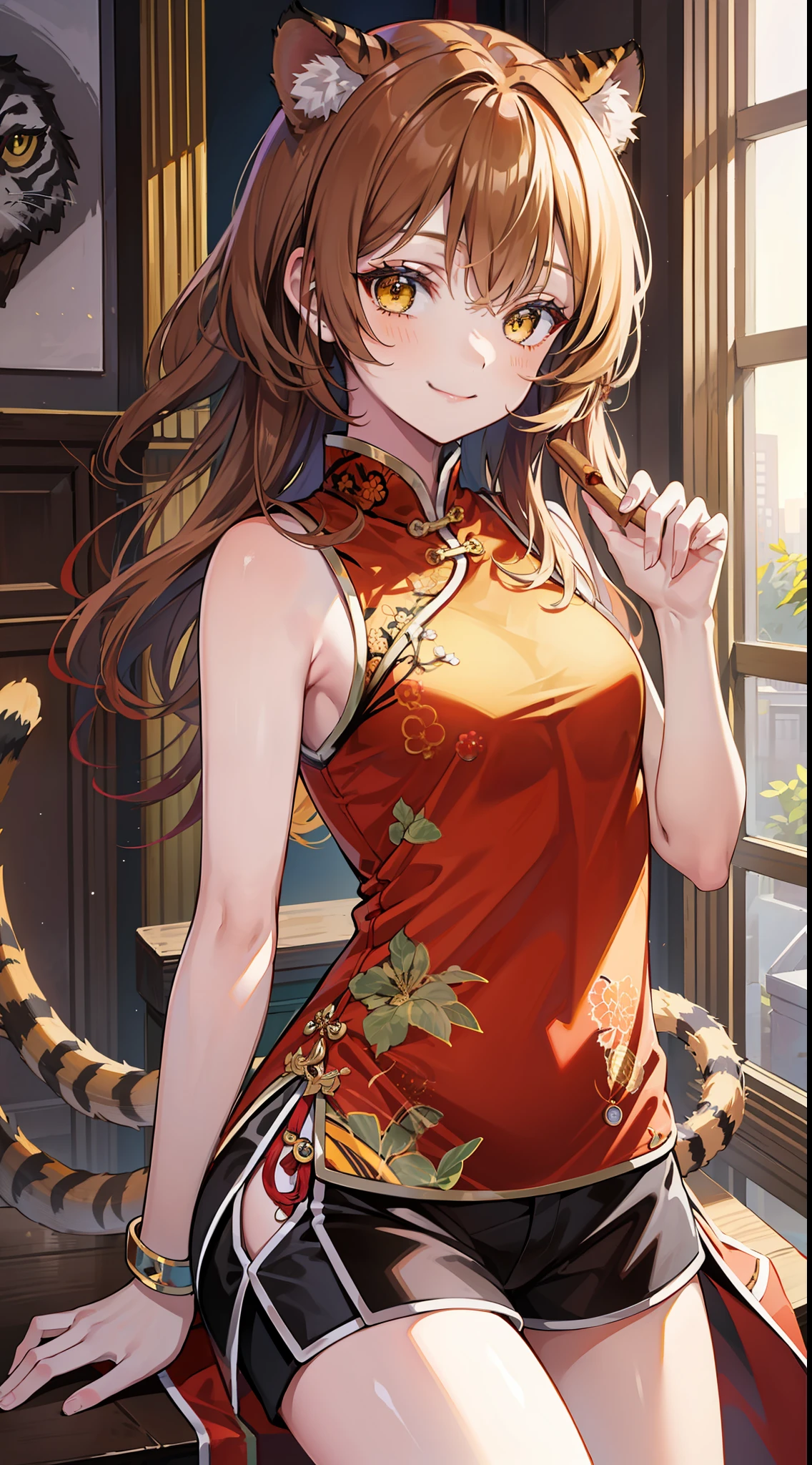 Young girl, cinnamon hair in two buns, yellow eyes, Chinese sleeveless dress, shorts, tiger tail, smile, open chest, masterpiece, high quality