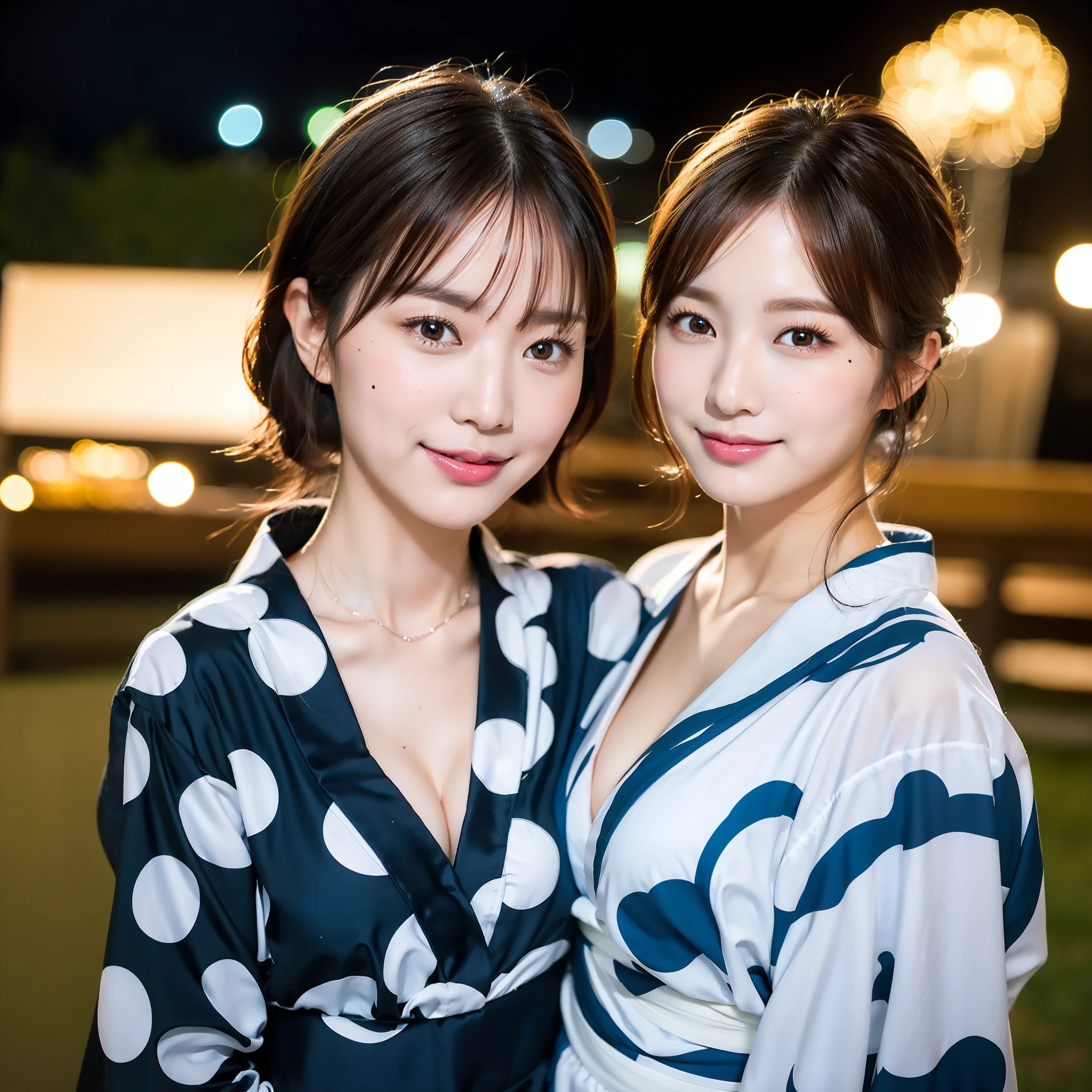 ((Best Masterpiece)), (High Quality)), ((Real)), ((8k)) Yukata, Japan Yukata, Fireworks Display, Japan persons, 24 years old, 2 Beauty, Slender, Open chest, cleavage, Sony SLR photography, 1 Long hair, 1 Short hair, Looking at camera, Yatai,Smile, Night, Background realistic, Photography, Pink yukata, Light blue yukata, 1 Big Beauty, 1 Small Beauty, Mole under the eyes, Mole at the mouth,