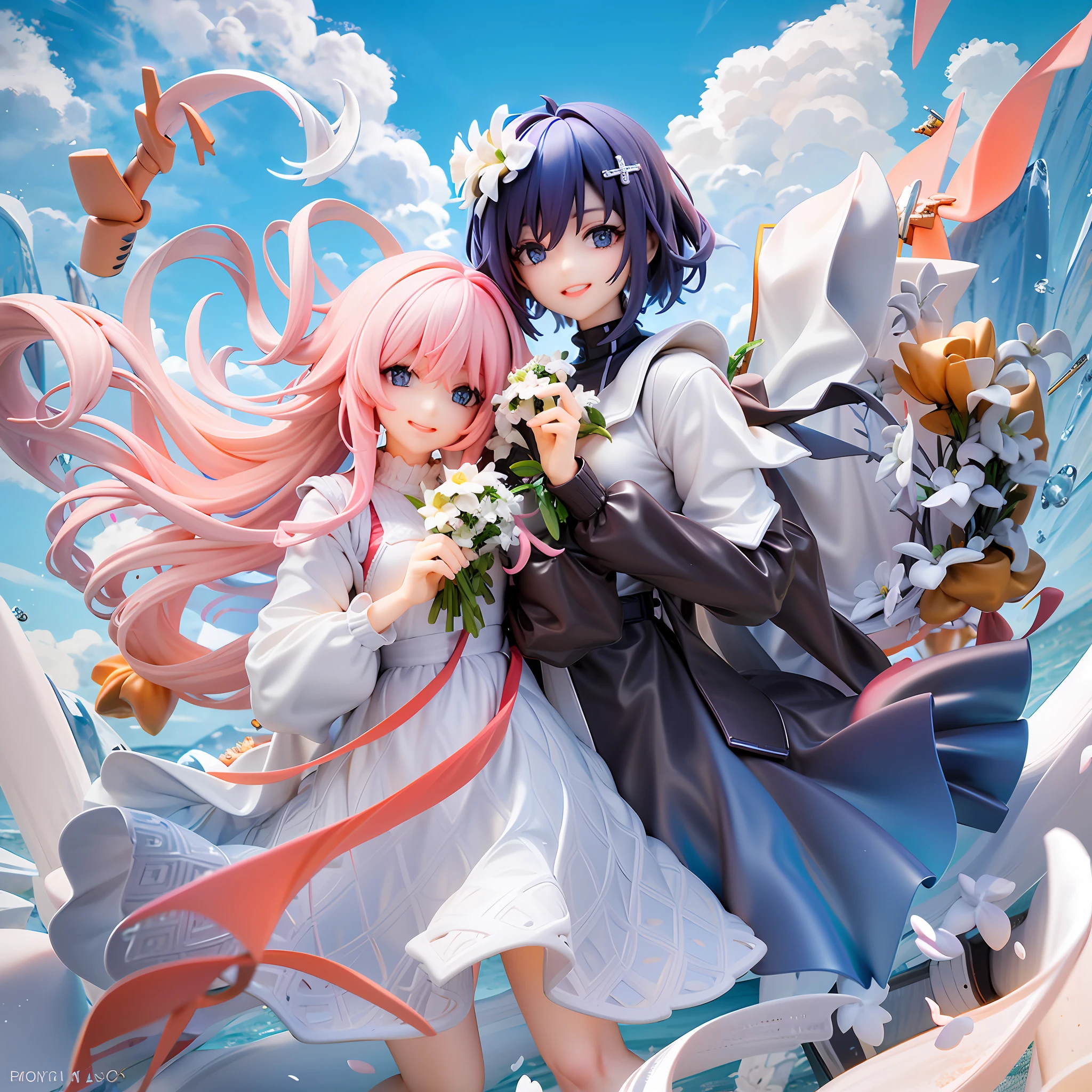 Two girls, beautiful light blue eyes, seductive smile, holding a bouquet of white flowers in front of chest, light pink hair, long hair, beautiful white dress, dark blue hair, white flower hair ornament, short cut, white and dark blue dress, blue sky, white clouds, clear weather, pastel colors, happiness, love