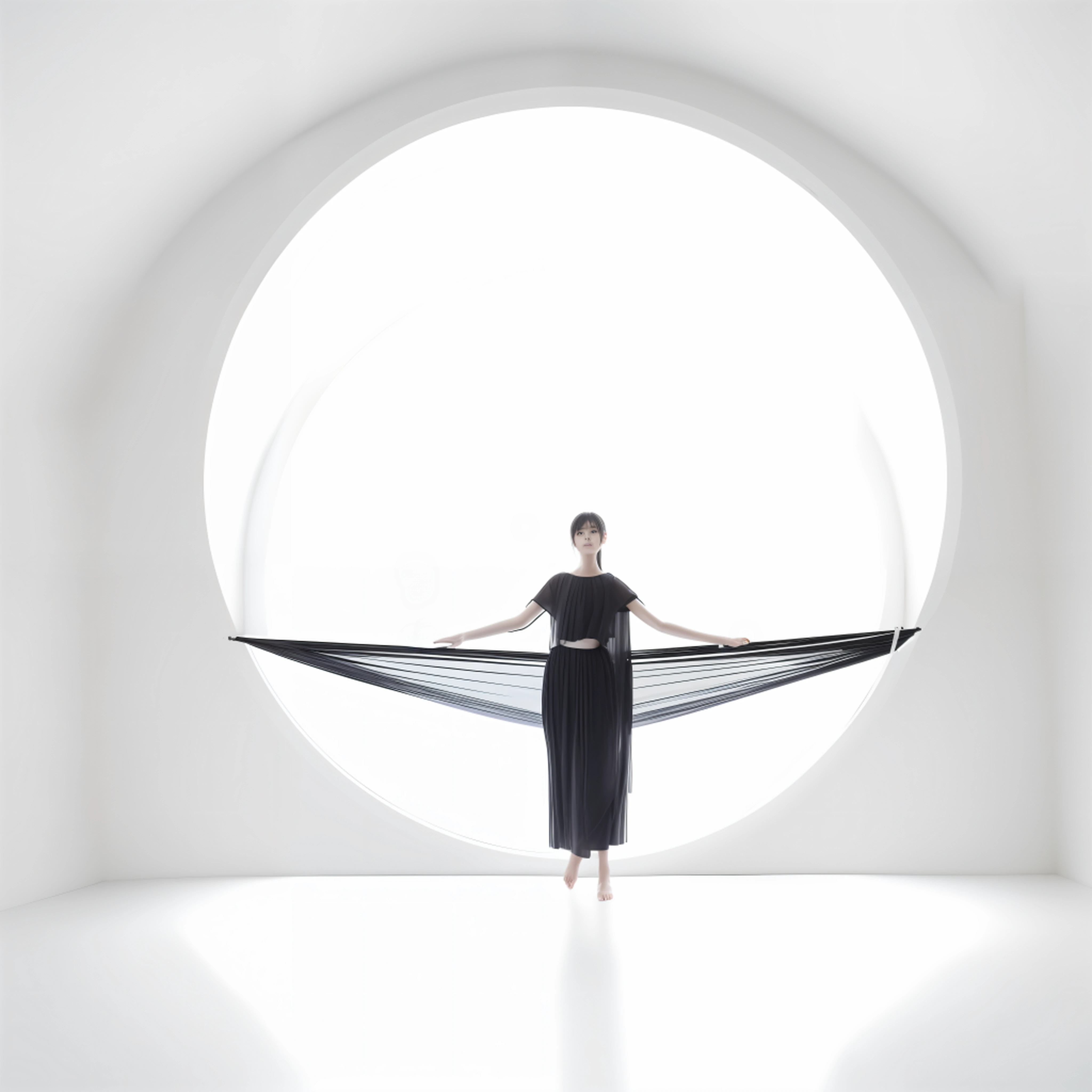 In photographic art, contemporary work of art by photography, woman in black dress standing in white room with circular white glowing window, still with screen and silk, editorial photo, advertising photo, ethereal sheer translucent fabric, in front of white background, Japan woman with black hair, young Japan woman, balancing with one leg raised, anatomically accurate proportions, slender woman, small breasts, Beautiful proportions, black hammock stretched as an arc passed to the window in the distance, makes parted strings like a stringed instrument, the strings are tense, her hands are touching the strings, with photorealistic photos, detailed rendering to the smallest detail, top quality, masterpiece