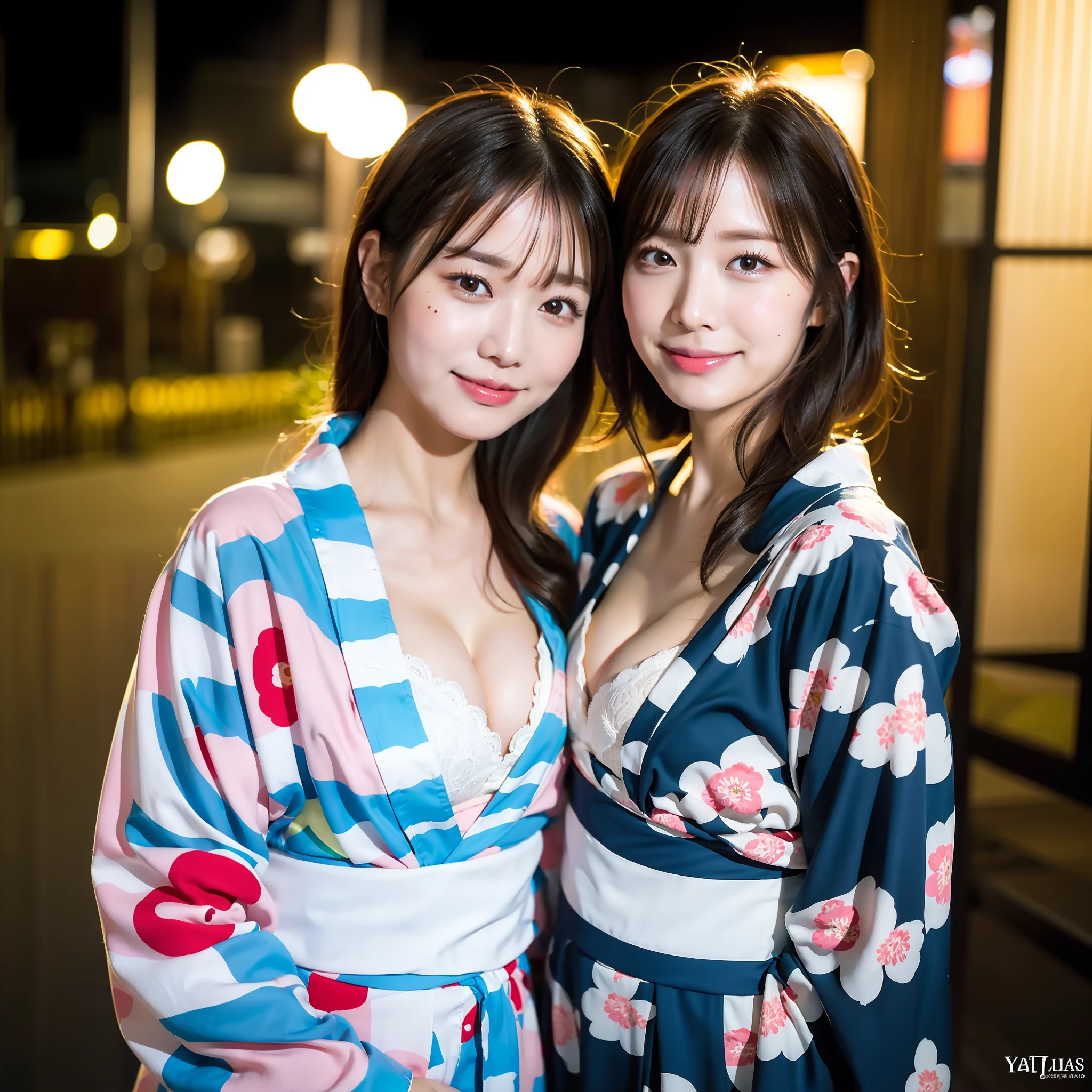 ((Best Masterpiece)), (High Quality)), ((Real)), ((8k)) Yukata, Japan Yukata, Fireworks Display, Japan persons, 24 years old, 2 Beauty, Slender, Open chest, cleavage, Sony SLR photography, 1 Long hair, 1 Short hair, Looking at camera, Yatai,Smile, Night, Background realistic, Photography, Pink yukata, Light blue yukata, 1 Big Beauty, 1 Small Beauty, Mole under the eyes, Mole at the mouth,