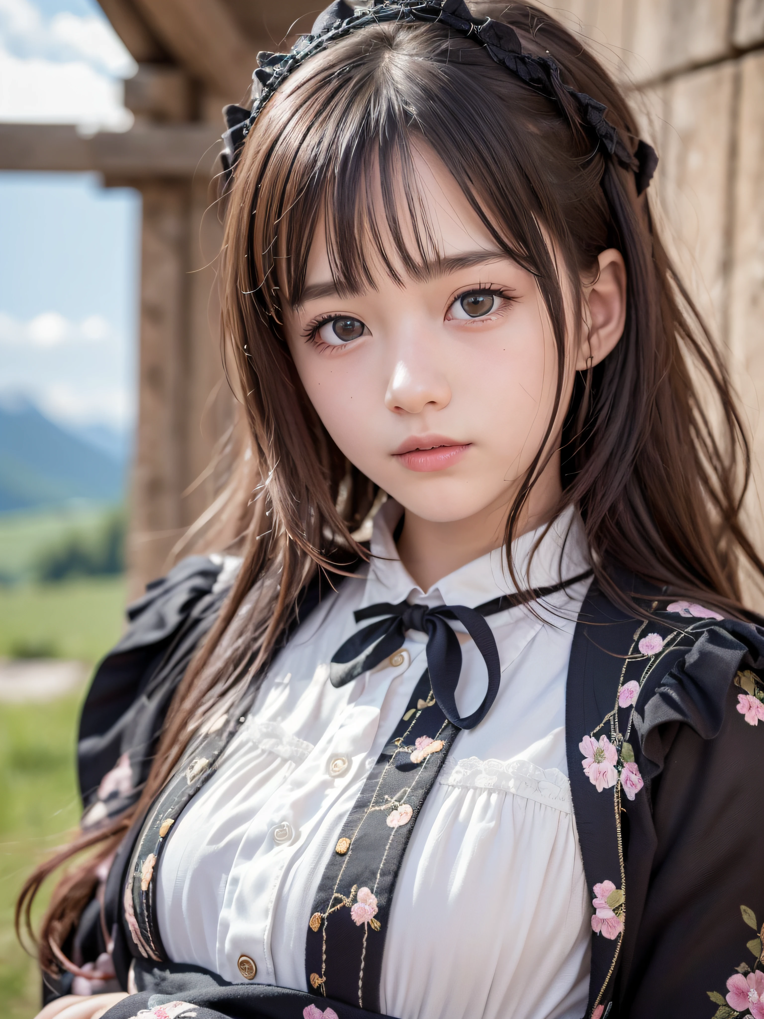 (realistic, photo-realistic:1.37), incredibly absurdres, (insanely detailed:1.3), 8k, (masterpiece), (best quality:1.4), (ultra high res:1.2), (RAW photo:1.2), ultra detailed background, (unity 8k wallpaper), 1 nogizaka girl, utterly cute, (((bishojo:1.35))), (((14yo:1.4))), (chiemsee tracht), an exquisitely detailed and beautiful face and eyes and skin, detailed black shine hair, small-medium breasts, a chiemsee tracht with delicate and beautiful soft fabric, smile at the camera, cowboy shot, the grindelwald landscape of swiss, professional lighting