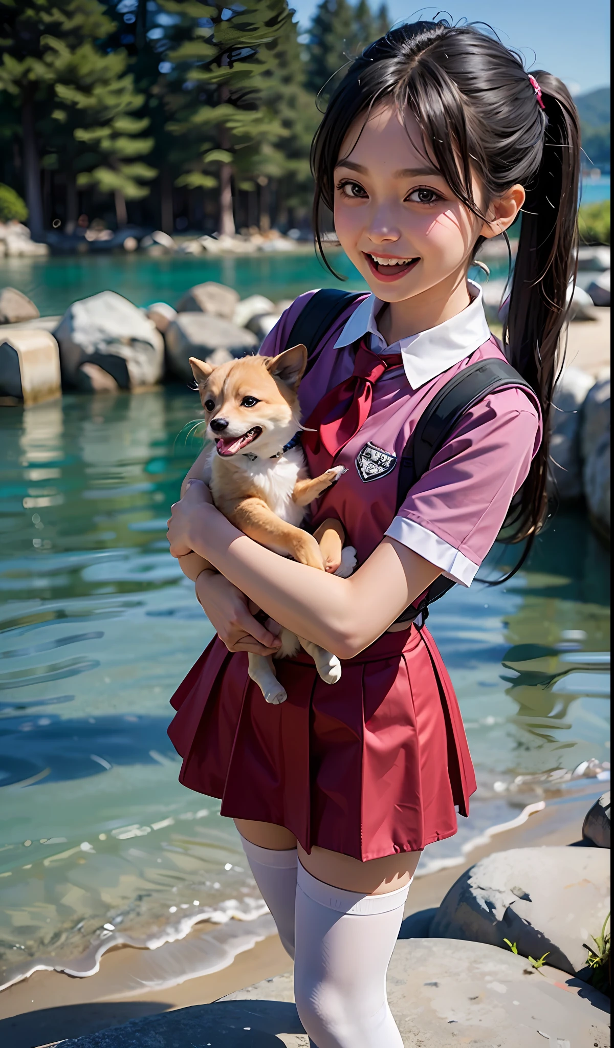 An innocent and cute eight-year-old girl with double ponytails, loli style, laughing happily, carrying a red elementary school backpack, wearing cute white stockings and school uniforms, soaking her feet, crystal clear lake, pebble beach, embellished with animal hangings. Look into the camera,