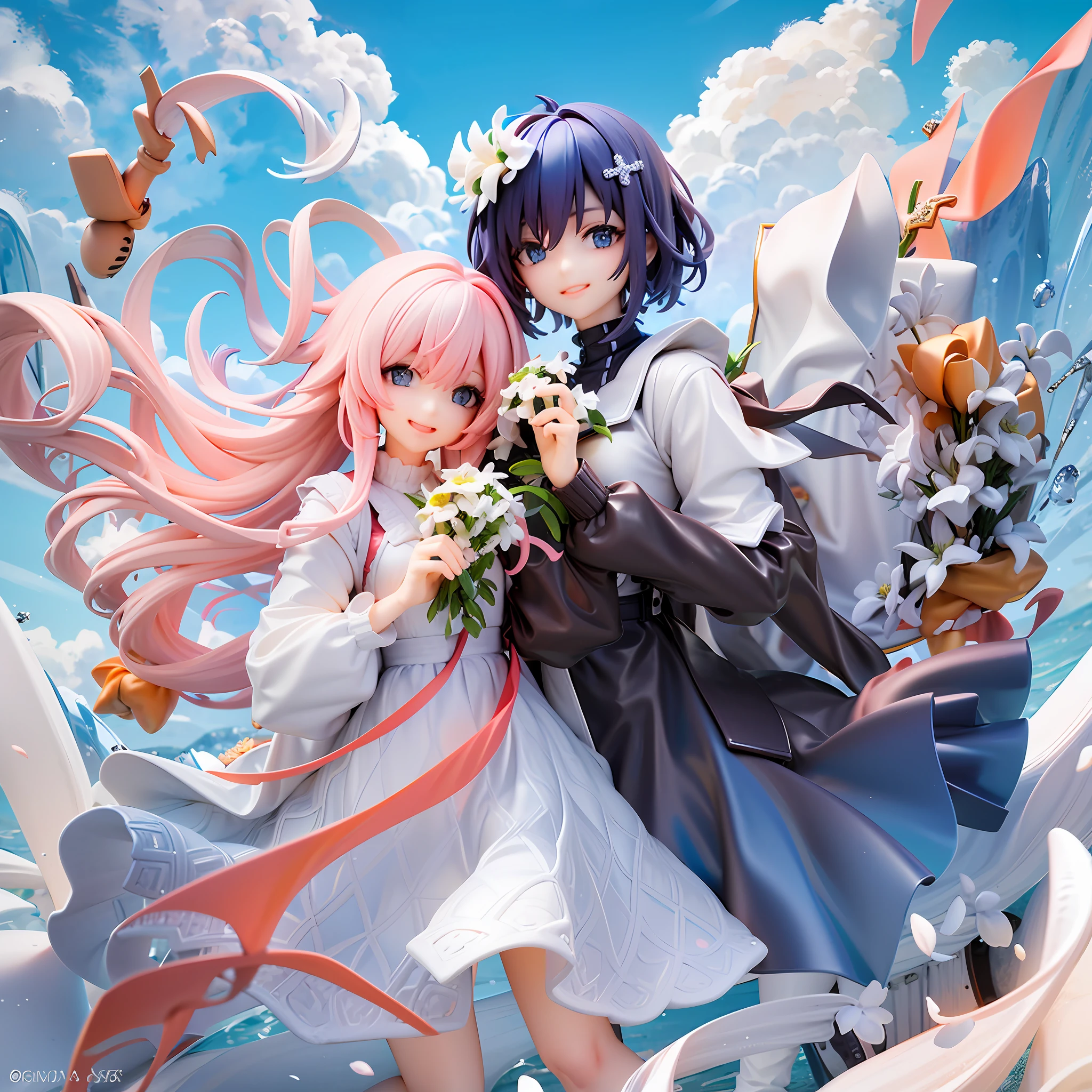 Two girls, beautiful light blue eyes, seductive smile, holding a bouquet of white flowers in front of chest, light pink hair, long hair, beautiful white dress, dark blue hair, white flower hair ornament, short cut, white and dark blue dress, blue sky, white clouds, clear weather, pastel colors, happiness, love