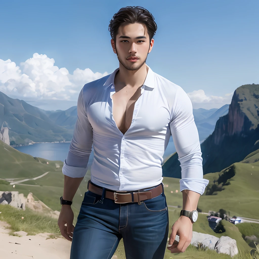 arafed man in a white shirt and jeans standing on a mountain, handsome male, handsome chad chin, handsome and attractive, south korean male, roberto ferri and ruan jia, attractive male,  masculine, handsome man, lean man with light tan skin, raphael personnaz, attractive and good looking, rick dai, attractive man, asian male, beautiful young man