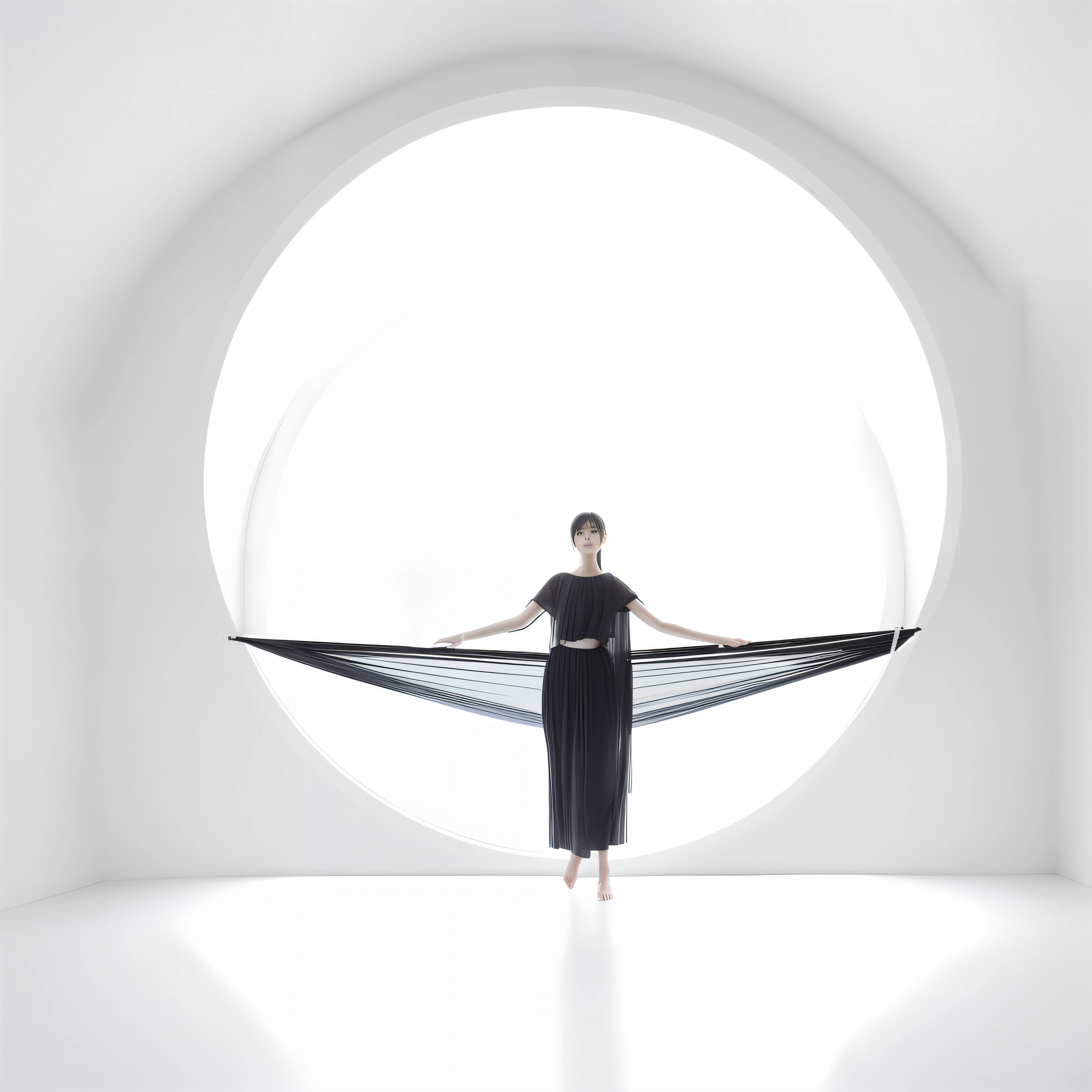 In photographic art, contemporary work of art by photography, woman in black dress standing in white room with circular white glowing window, still with screen and silk, editorial photo, advertising photo, ethereal sheer translucent fabric, in front of white background, Japan woman with black hair, young Japan woman, balancing with one leg raised, anatomically accurate proportions, slender woman, small breasts, Beautiful proportions, black hammock stretched as an arc passed to the window in the distance, makes parted strings like a stringed instrument, the strings are tense, her hands are touching the strings, with photorealistic photos, detailed rendering to the smallest detail, top quality, masterpiece