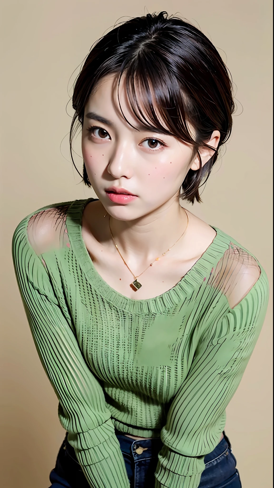 (Best Quality, 8k, 32k, Masterpiece, UHD: 1.2), Cute Japan Woman Pictures, Very Short Bob Hair, Face Focus, (oversized_sweater,:1.1) Necklace, Simple Background, Watch Viewer, Leaning Forward, Full Body